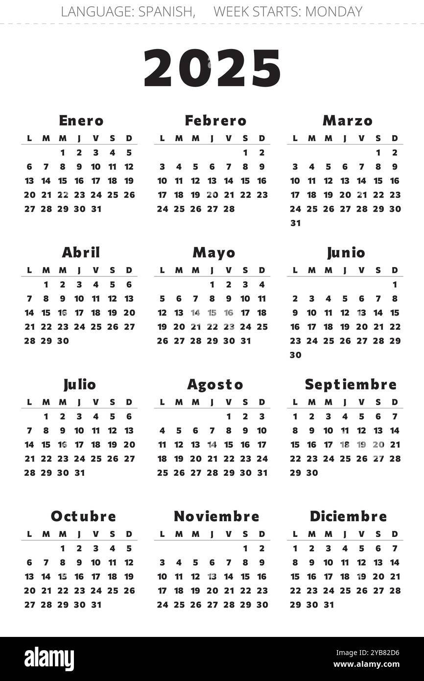 Spanish 2025 Year Calendar. Printable Vector Black And Red Colors throughout October Calendar 2025 In Spanish
