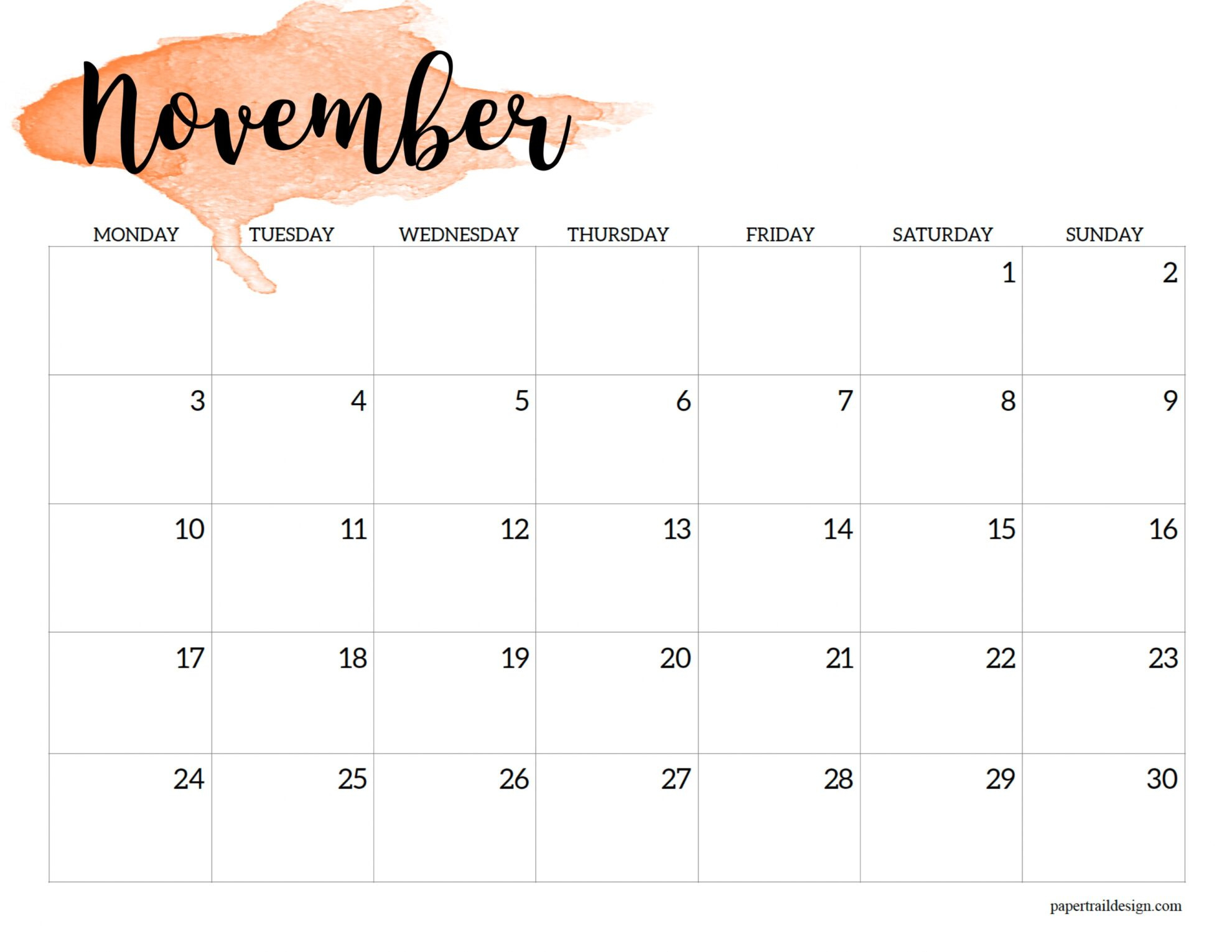 2025 Monday Start Calendar Printable - Watercolor - Paper Trail Design within November 2025 Calendar Monday Start