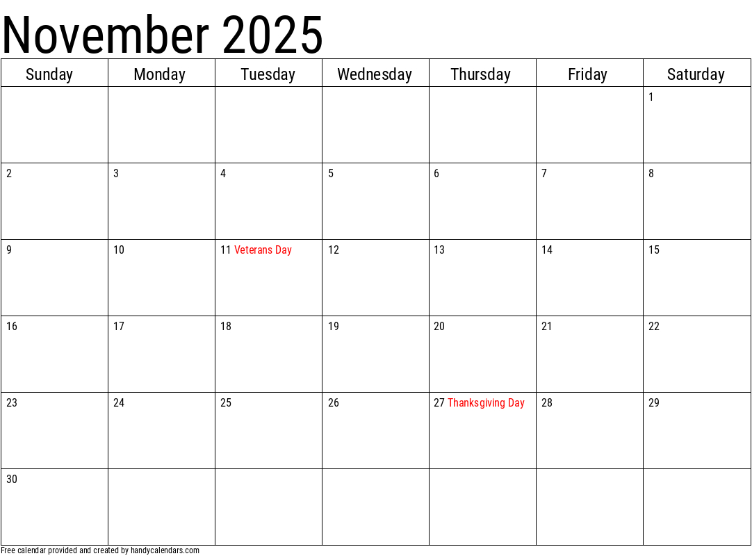 2025 November Calendars - Handy Calendars throughout November 2025 Calendar Veterans Day