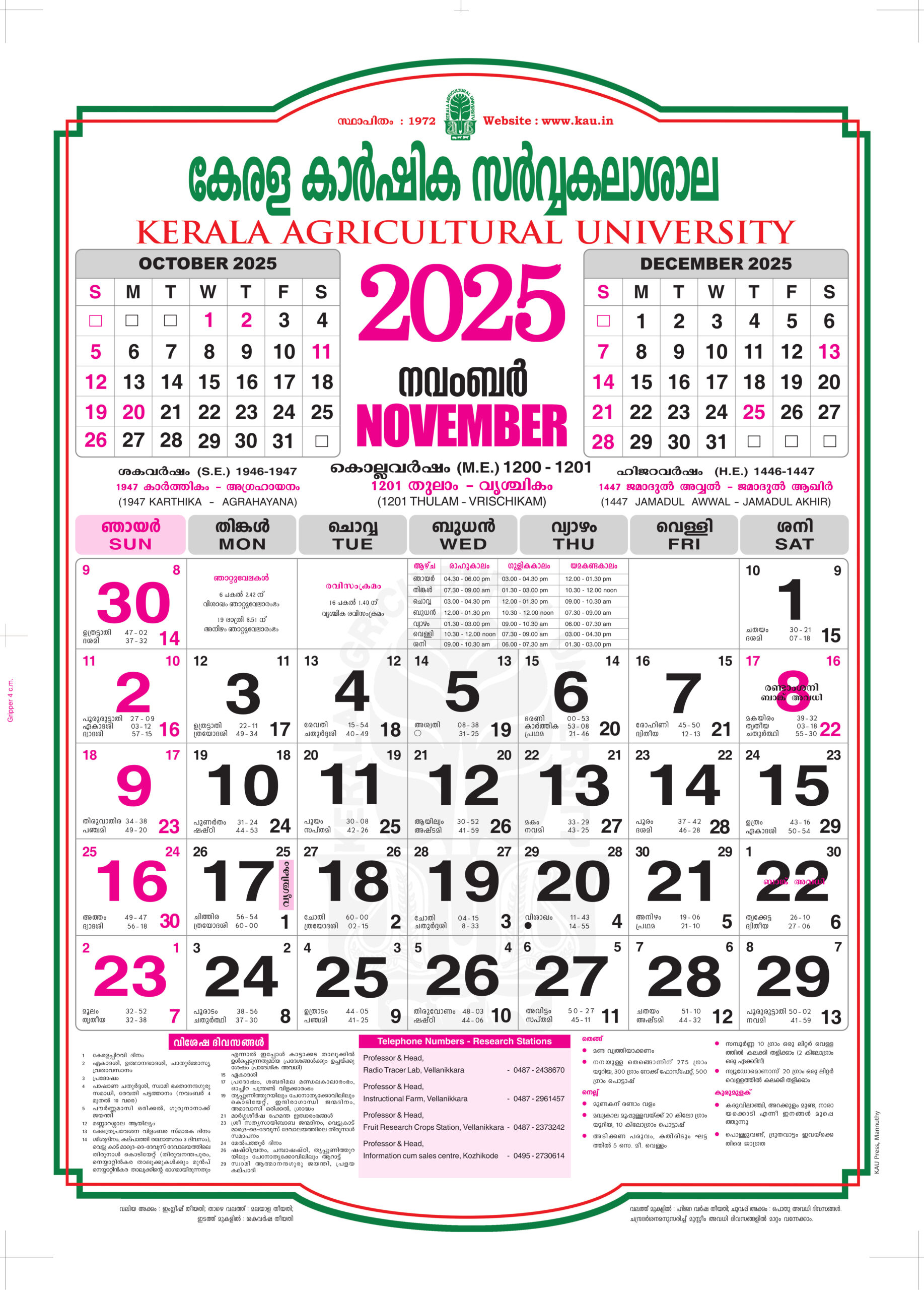2025 November | Kerala Agricultural University with November Calendar 2025 Kerala