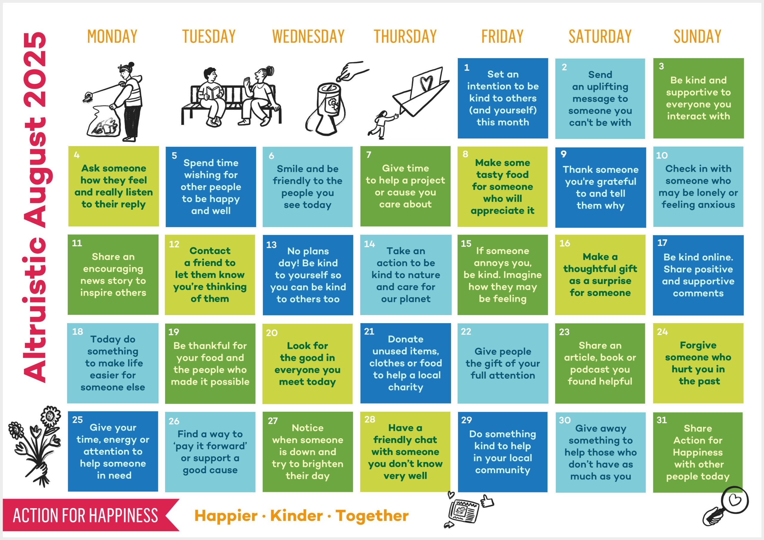 Altruistic August | Action For Happiness with regard to Action For Happiness November 2025 Calendar