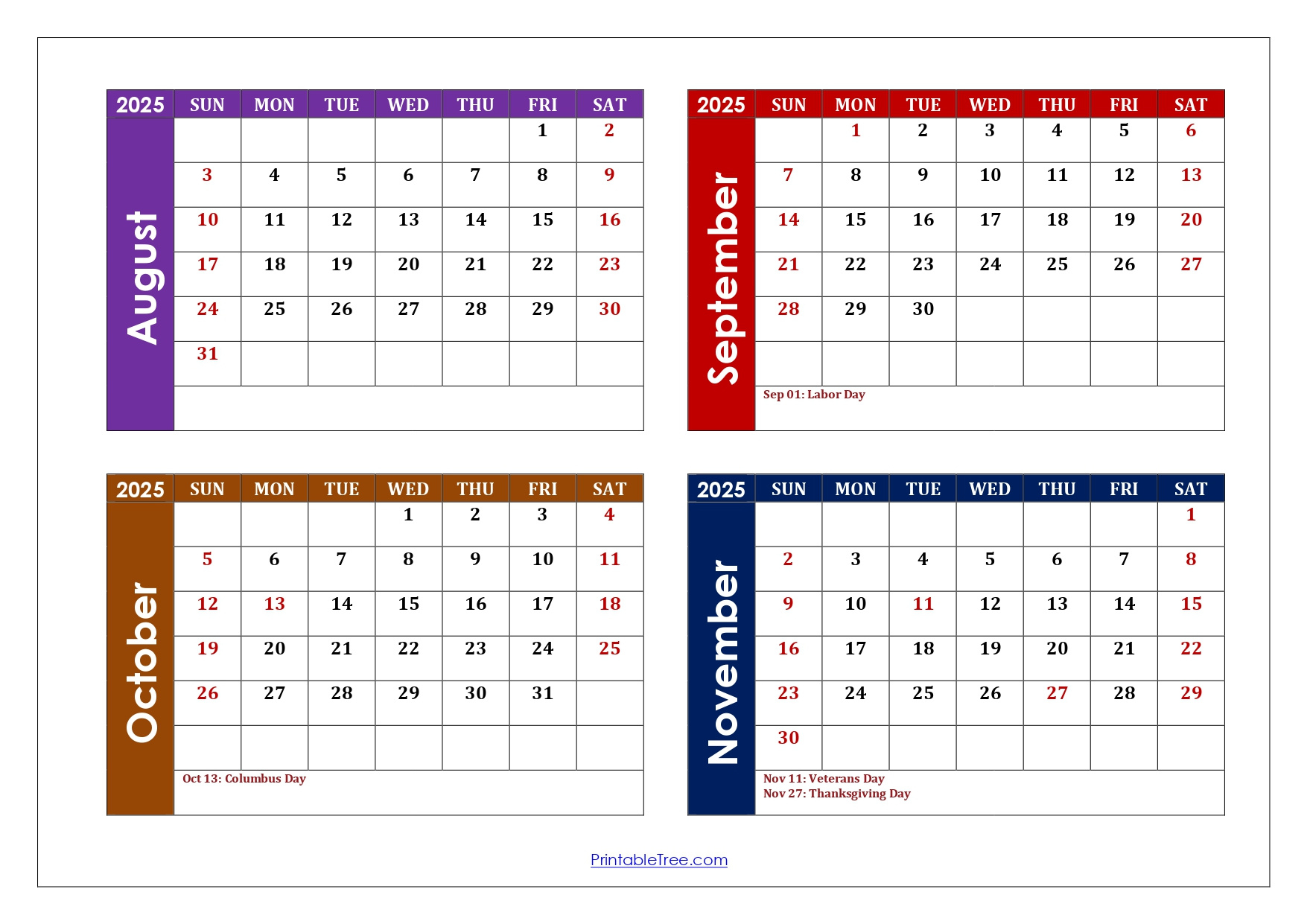 August To November 2025 Calendar Printable Pdf | Four Months Calendar for 4 Month Calendar August to November 2025