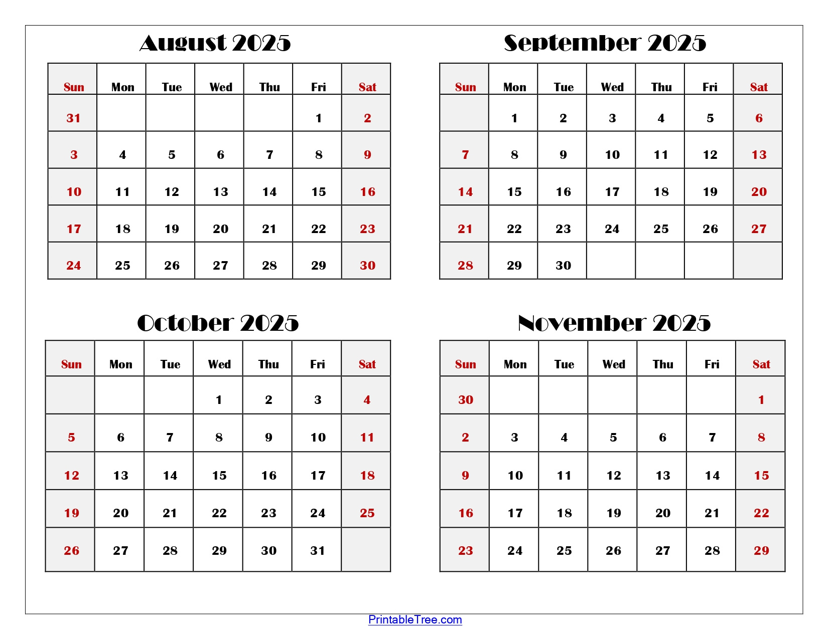 August To November 2025 Calendar Printable Pdf | Four Months Calendar intended for Calendar For August September October November 2025