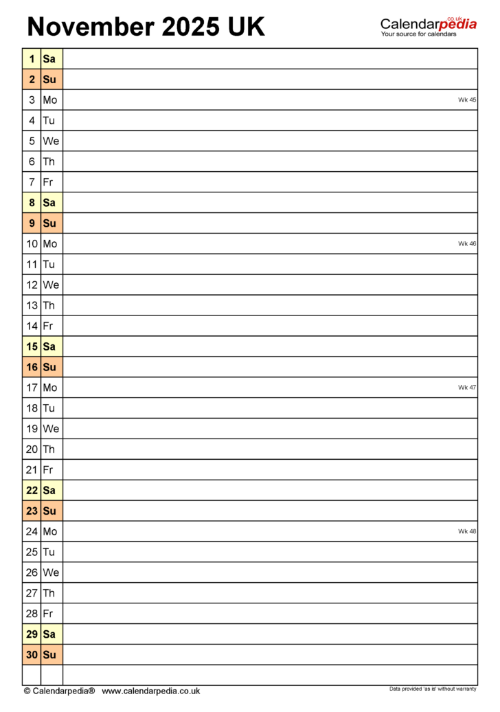 November 2025 Calendar Printable Uk