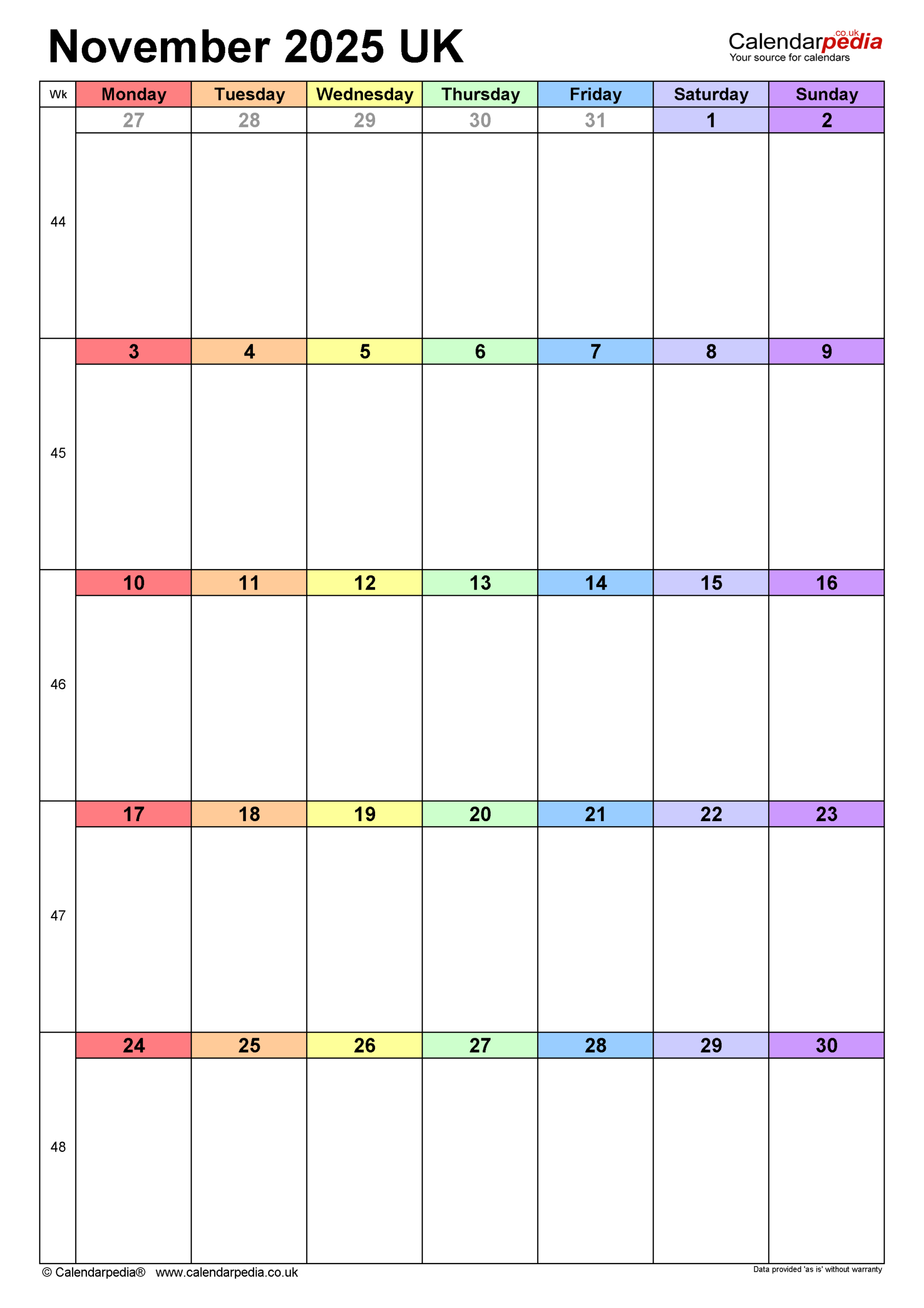 Calendar November 2025 Uk With Pdf, Excel And Word Templates pertaining to Large Print November 2025 Calendar