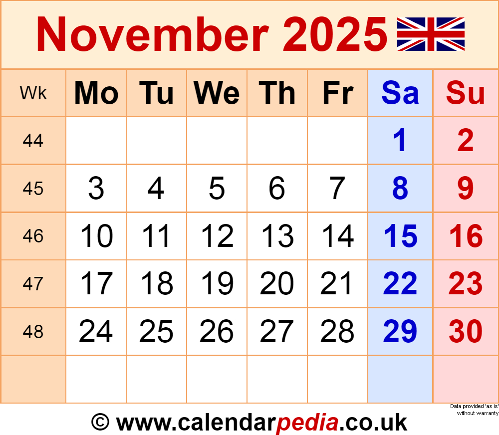 Calendar November 2025 Uk With Pdf, Excel And Word Templates regarding Show Calendar November 2025