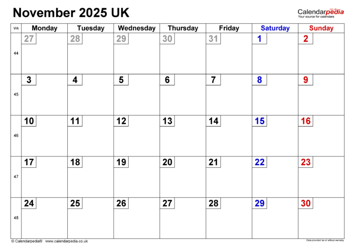 November 2025 Calendar with Bank Holidays