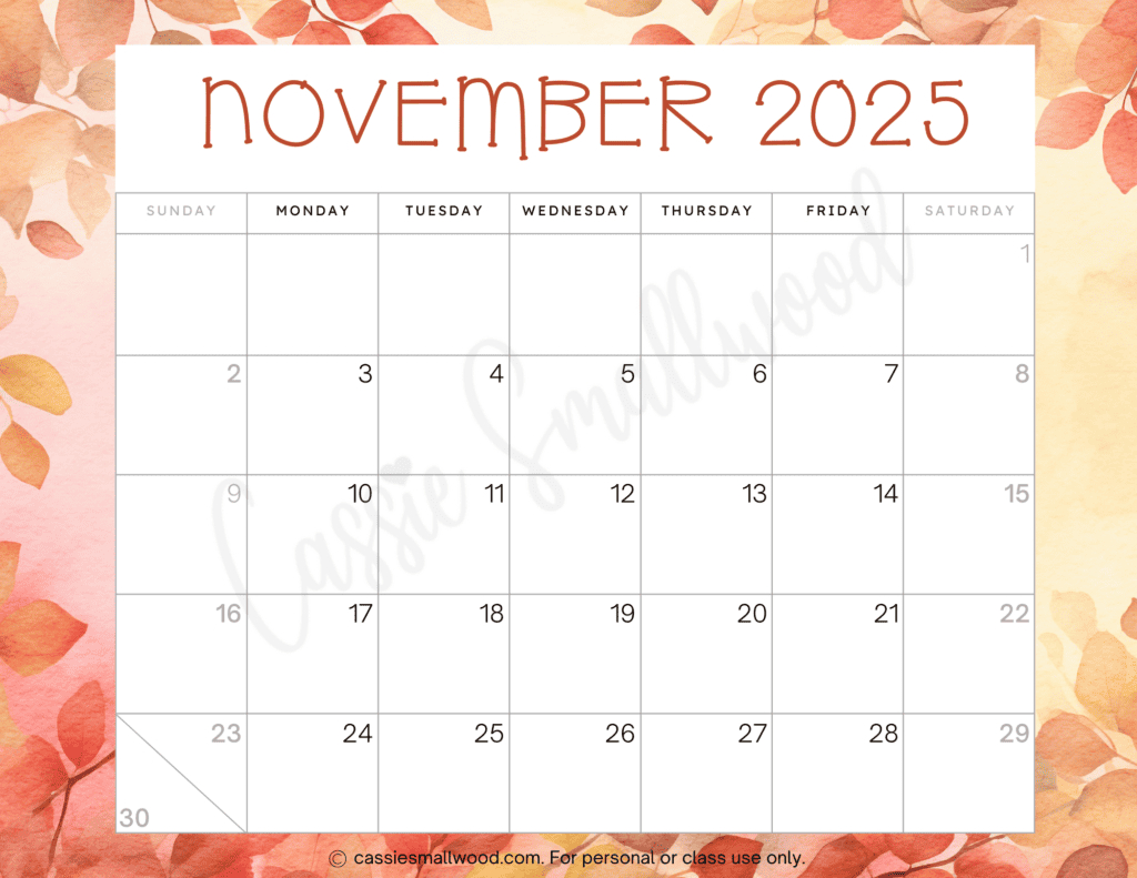 Cute 2025 Free Printable Monthly Calendars - Cassie Smallwood for Mini Calendar November 2025