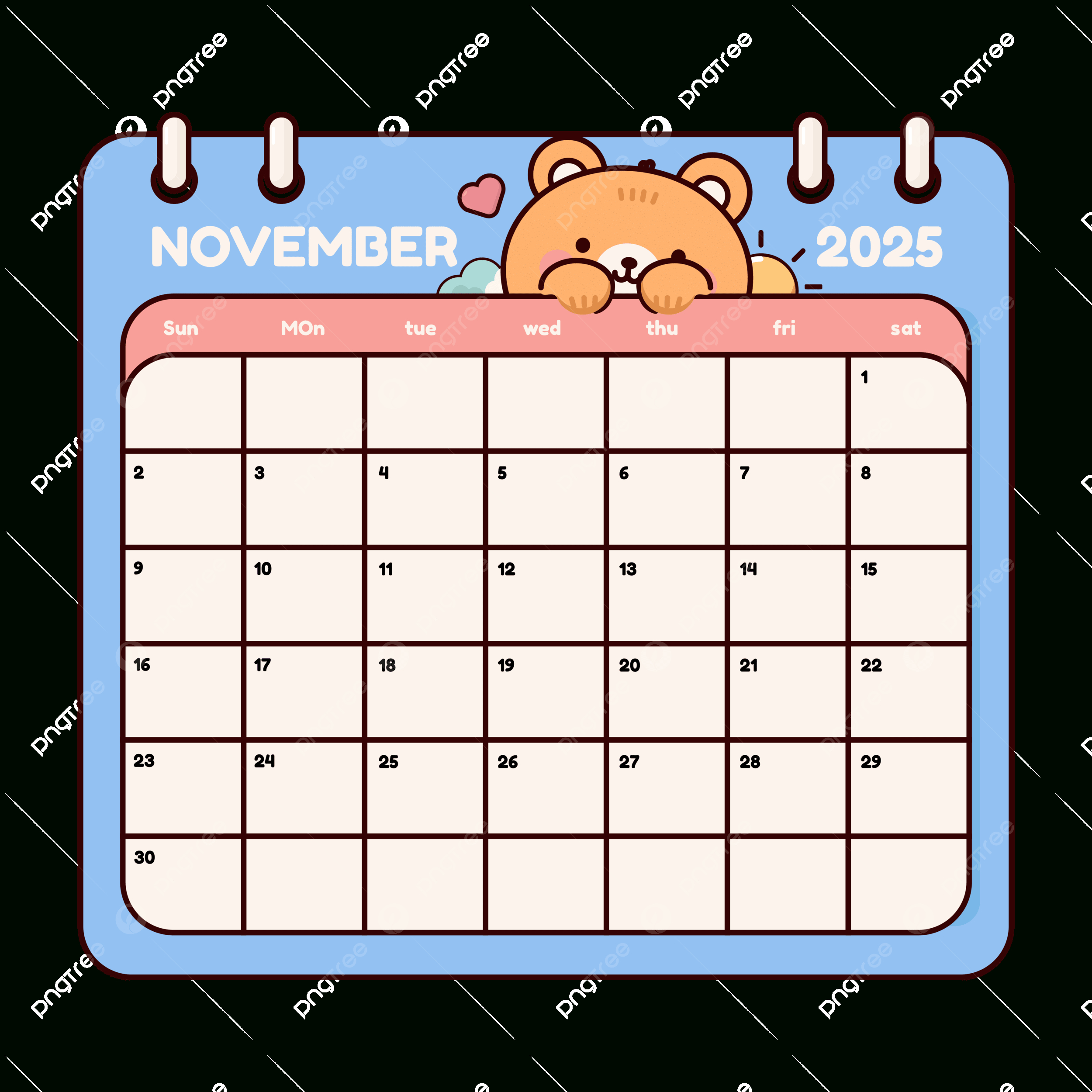 Cute Cartoon Bear November 2025 Calendar Page Wall Template throughout Fun Calendar November 2025