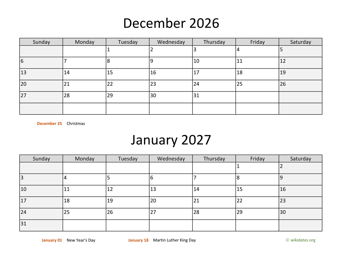 December 2026 And January 2027 Calendar | Wikidates intended for November December January 2026 Calendar