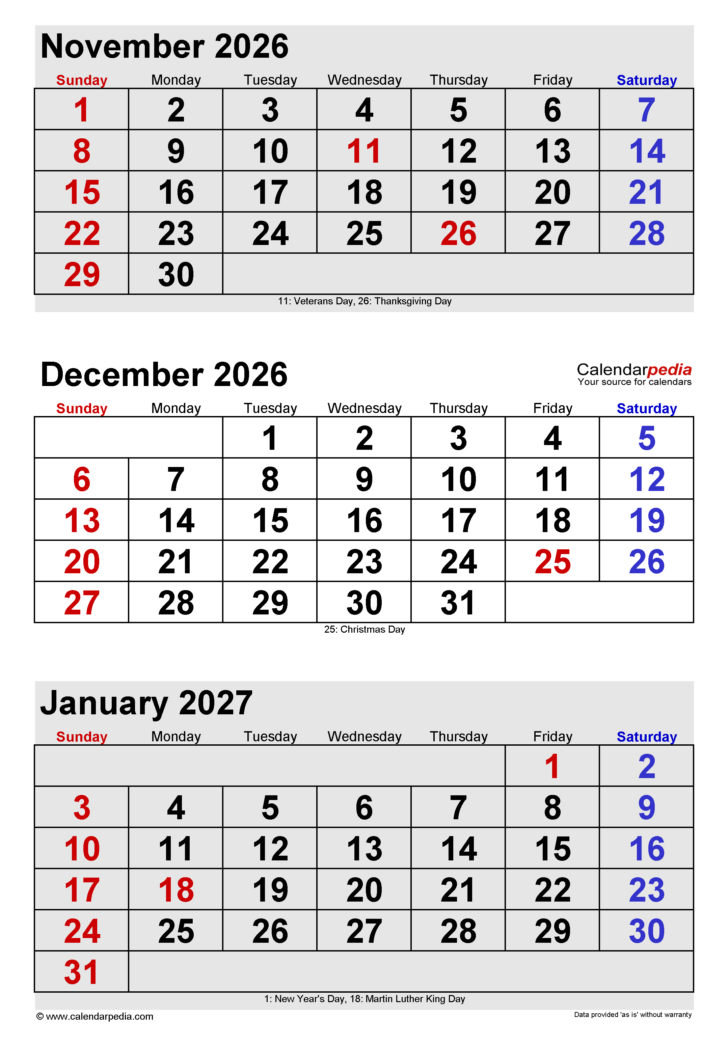 3 Month Calendar November December January 2026
