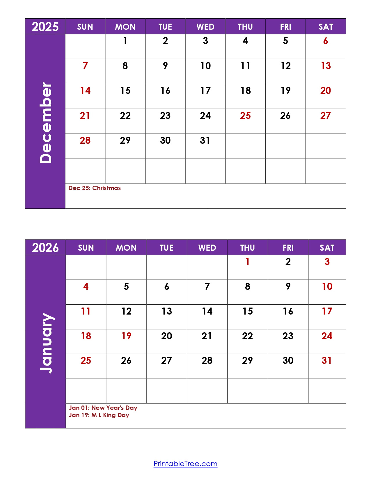 December And January 2026 Calendar Printable Pdf | Two Months Calendar with November December January 2026 Calendar