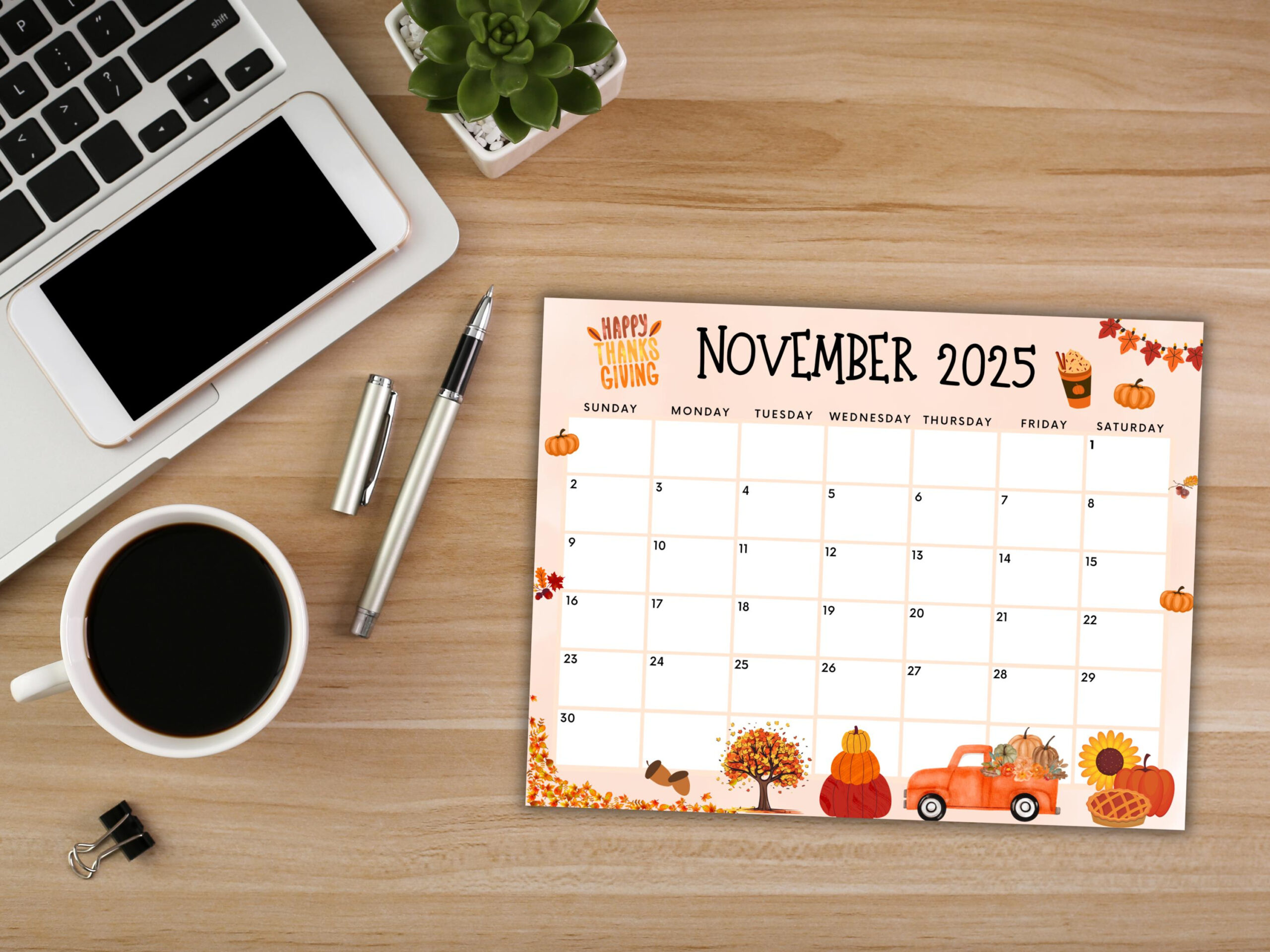 Editable November 2025 Calendar, Printable Happy Thanksgiving W with Happiness Calendar November 2025