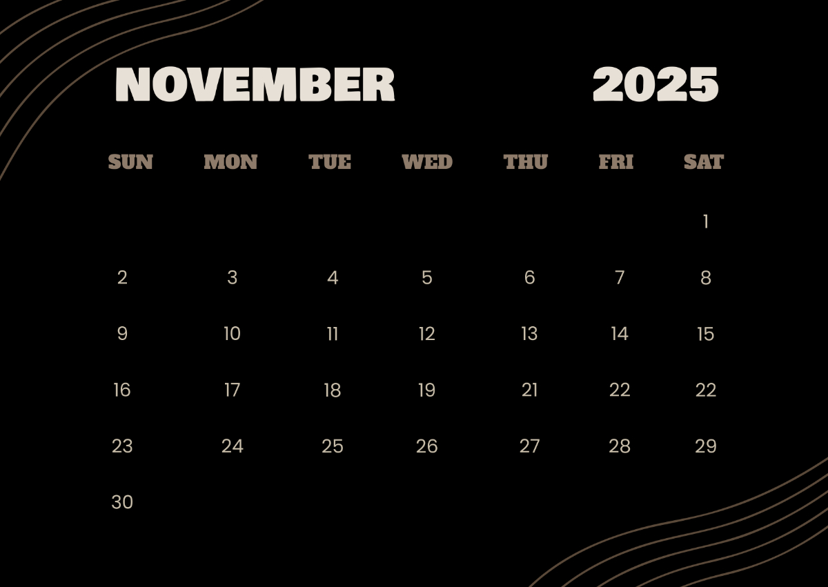 Free Basic November 2025 Calendar Template To Edit Online throughout November 2025 Calendar Black