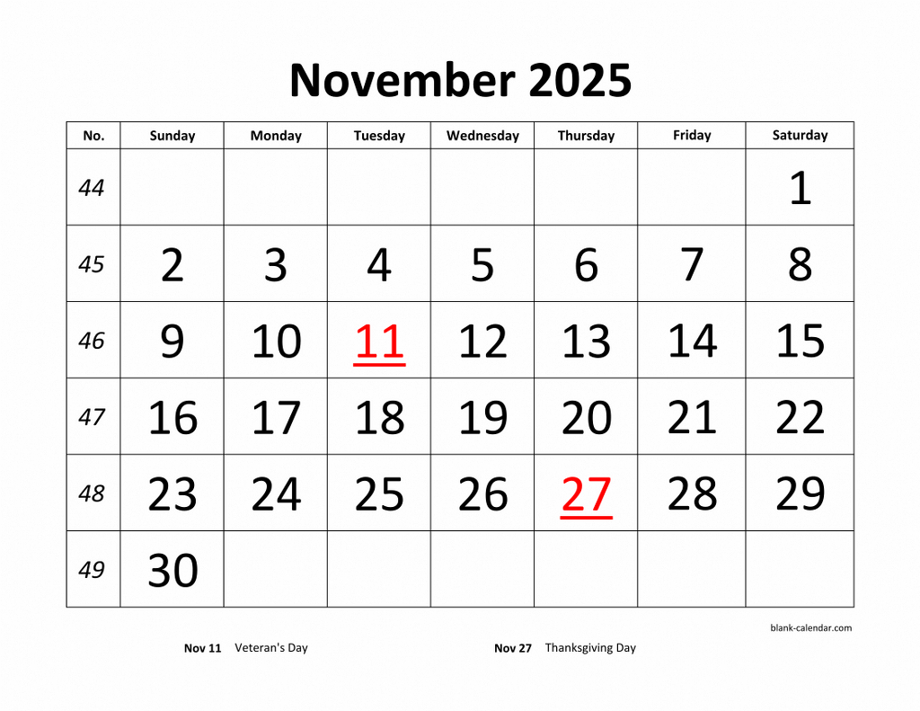 Free Download Printable November 2025 Calendar, Large Font Design for Large Print November 2025 Calendar