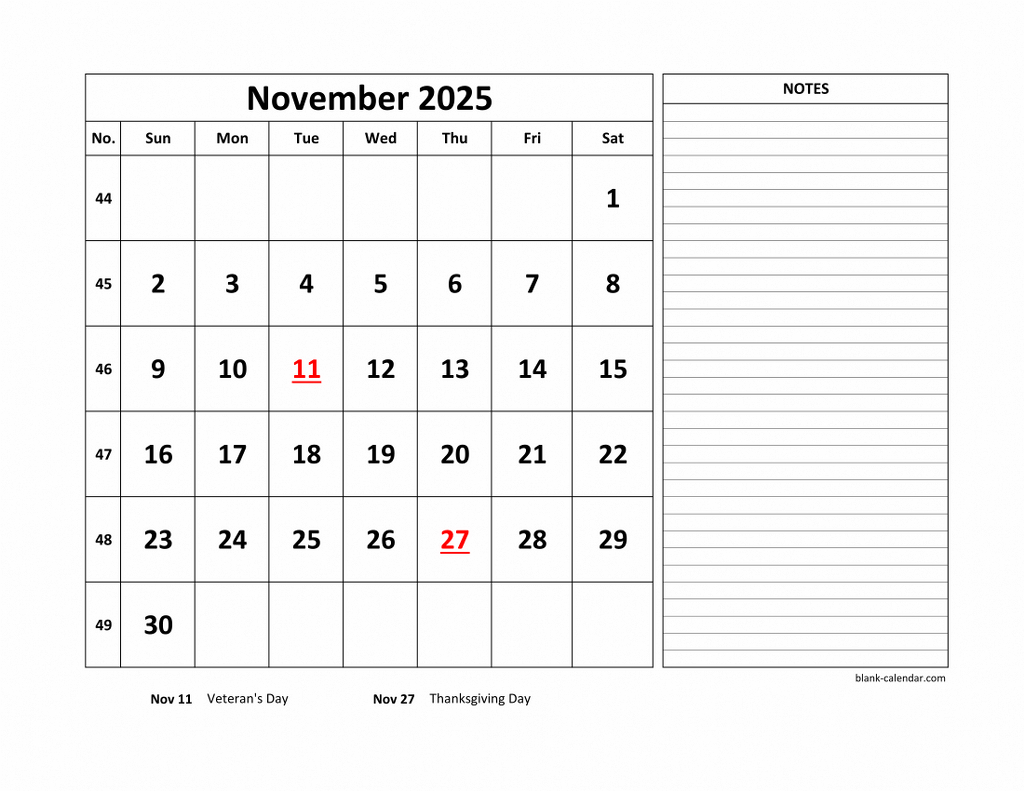 Free Download Printable November 2025 Calendar, Large Space For in November 2025 Calendar Printable With Notes
