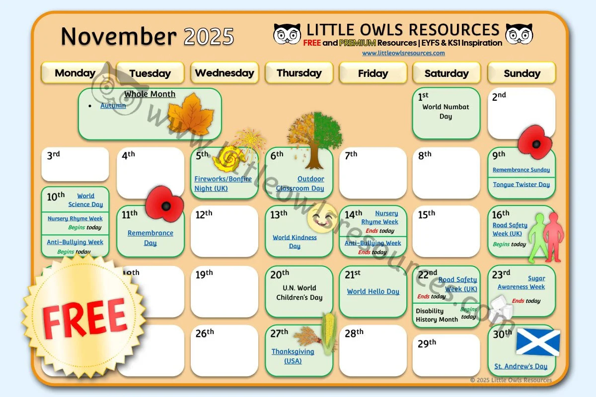 Free November 2025 Special Date Events Calendar | Eyfs &amp;amp; Ks1 for Show 2025 November Calendar