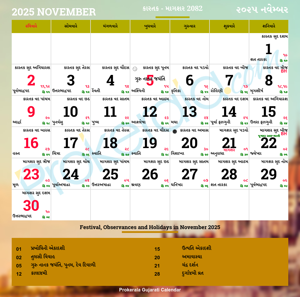 Gujarati Calendar 2025 | Gujarat Festivals | Gujarat Holidays 2025 throughout November Gujarati Calendar 2025