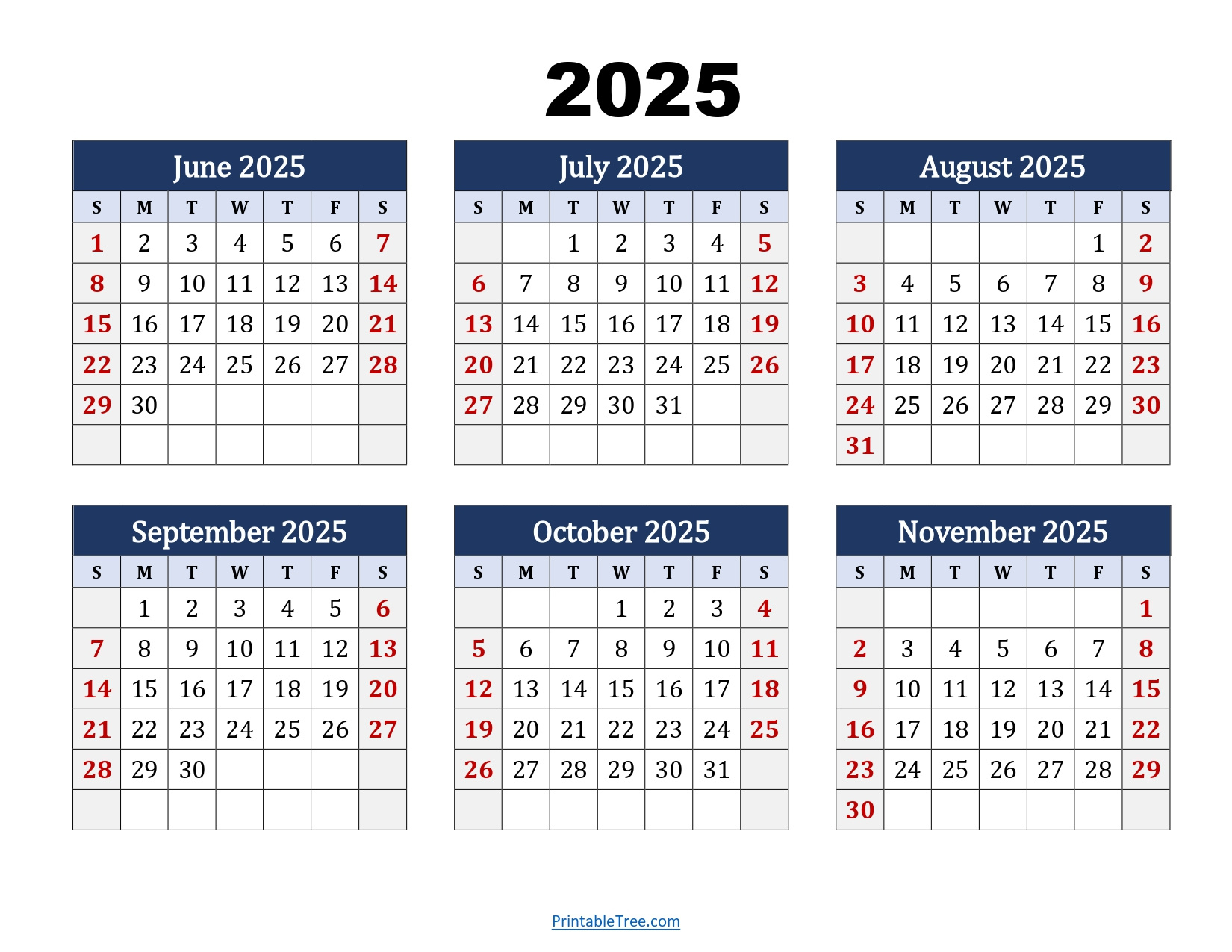 June To November 2025 Calendar Printable Pdf | Six Months Calendar throughout November 4 2025 Calendar