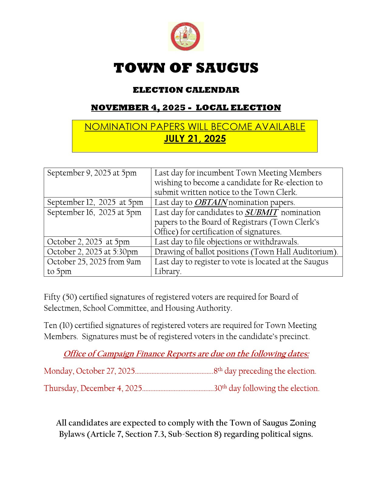 Local Election Calendar November 2025 | Town Of Saugus Ma with regard to November 4 2025 Election Law Calendar