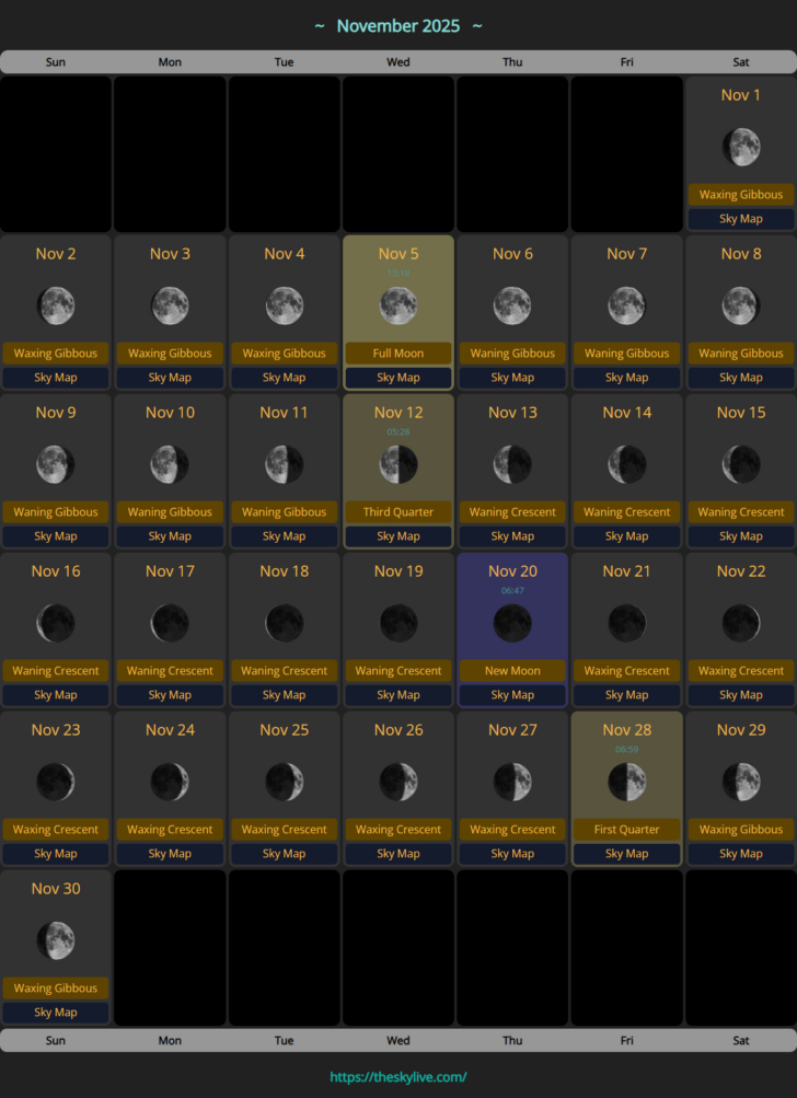 November 2025 Calendar with Moon Phases