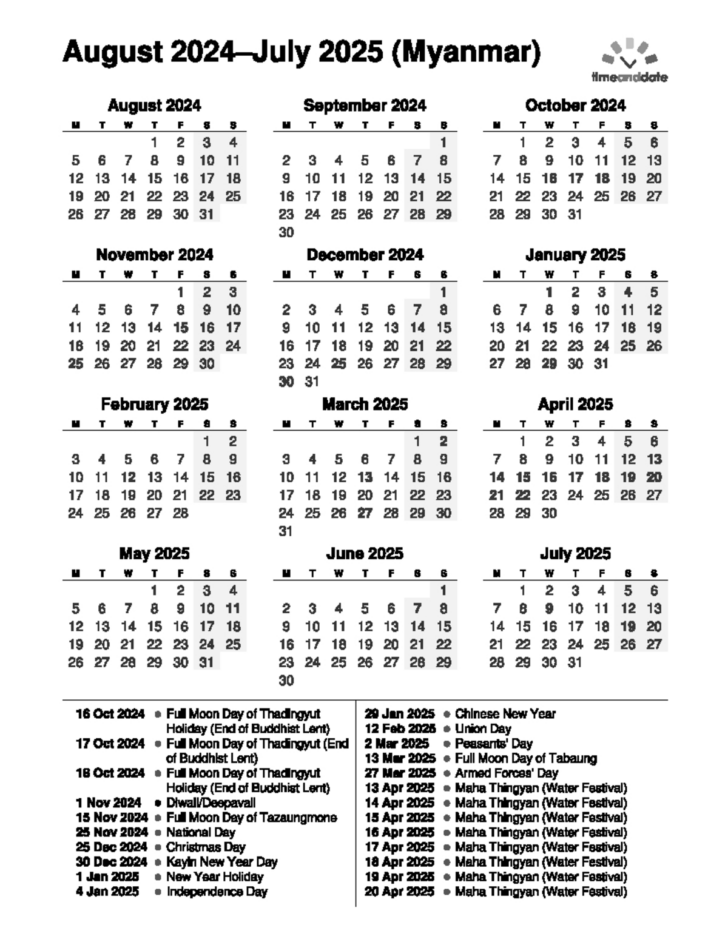 Myanmar Calendar 2025 November