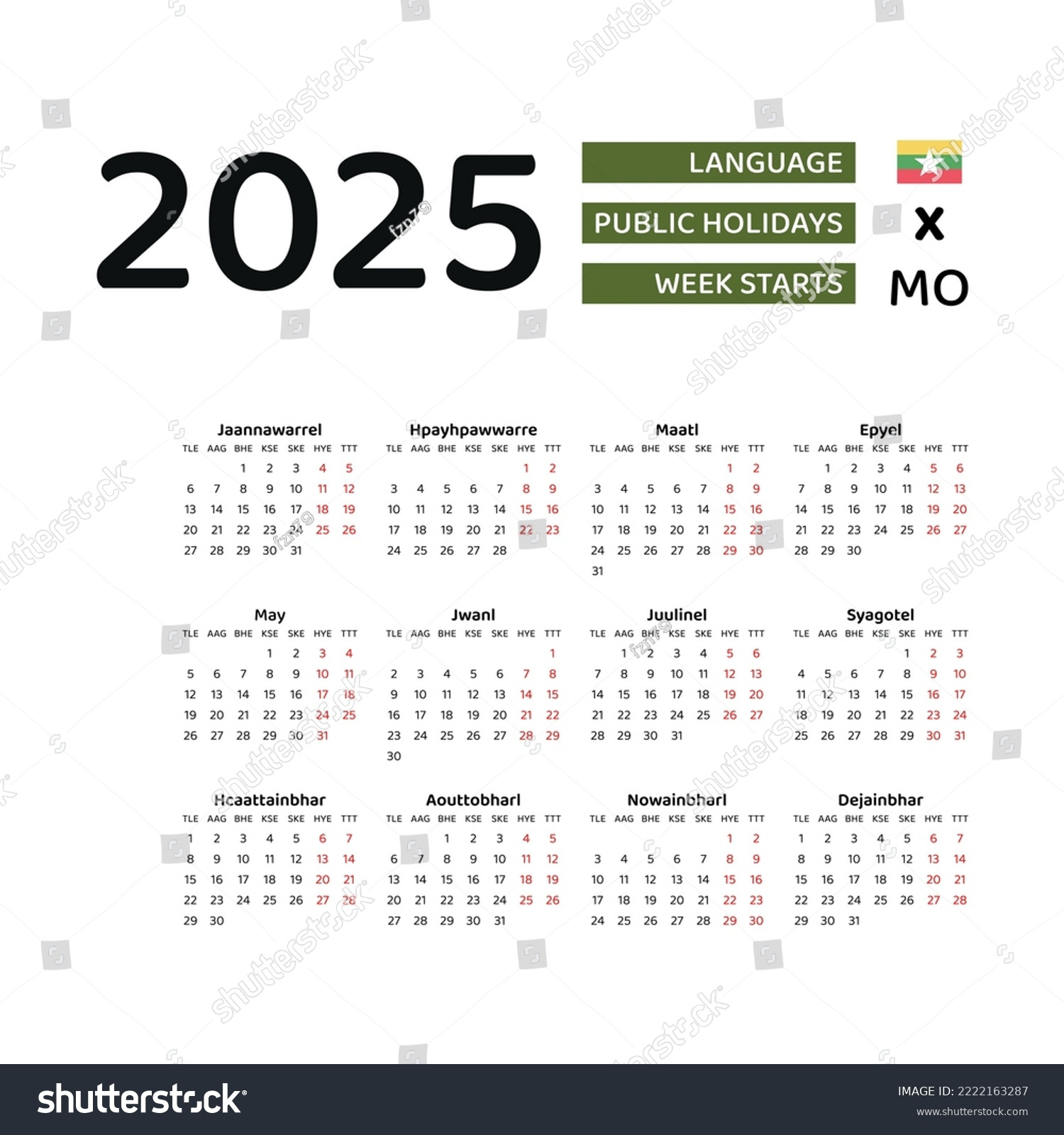 Myanmar Kalender 2025. Die Woche Beginnt: Stock-Vektorgrafik throughout Myanmar Calendar 2025 November