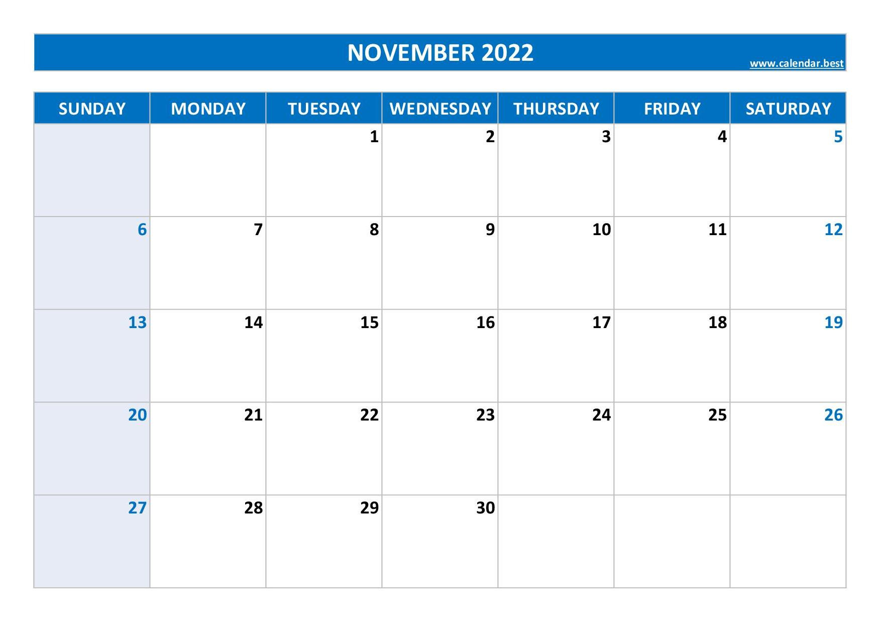 November 2022 Calendar -Calendar.best throughout November Monthly Printable Calendar