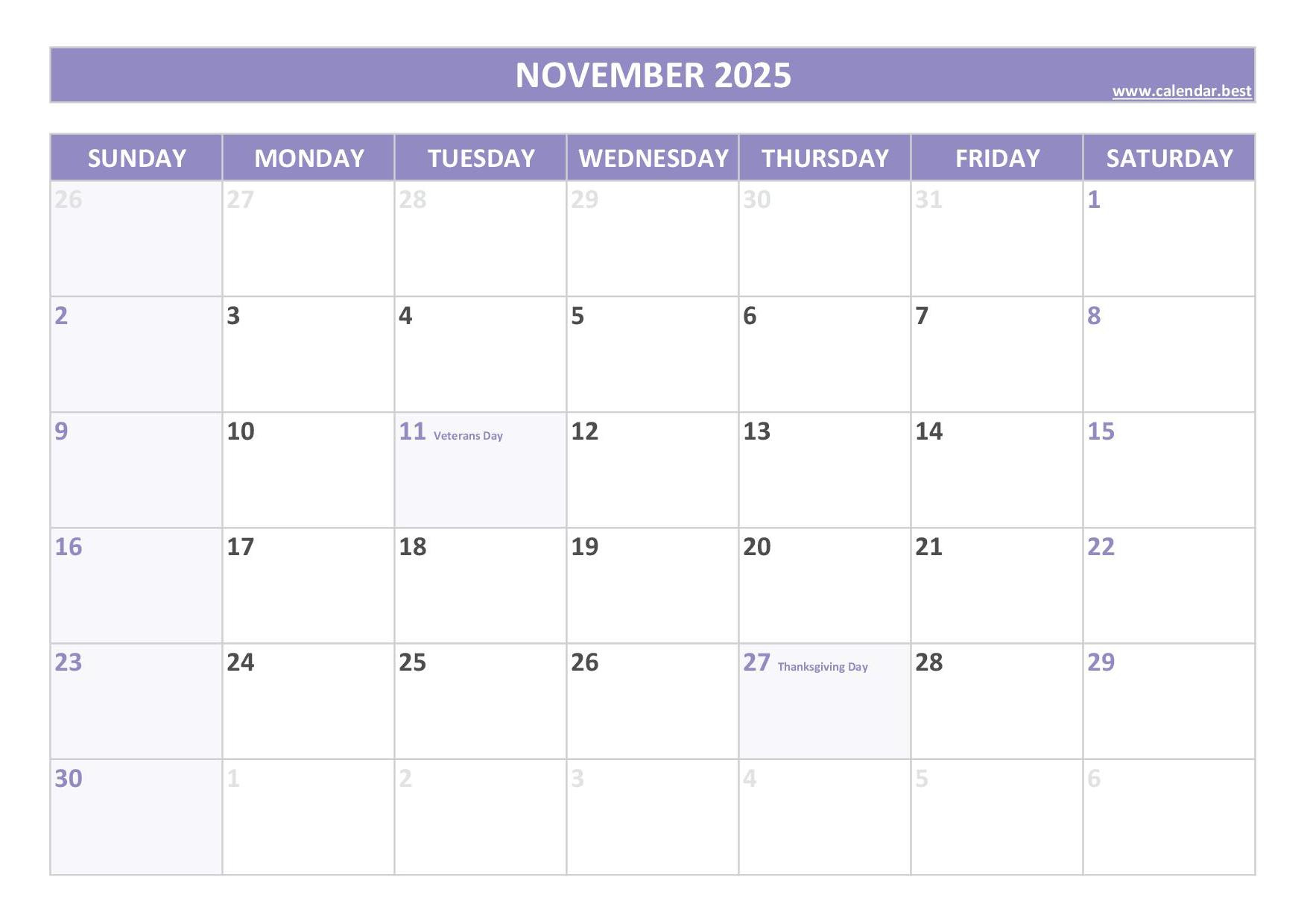 November 2025 Calendar -Calendar.best within November 2025 Calendar with Holidays