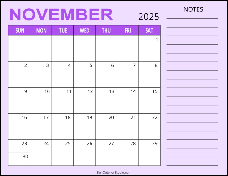 Printable November 2025 Calendar with Lines