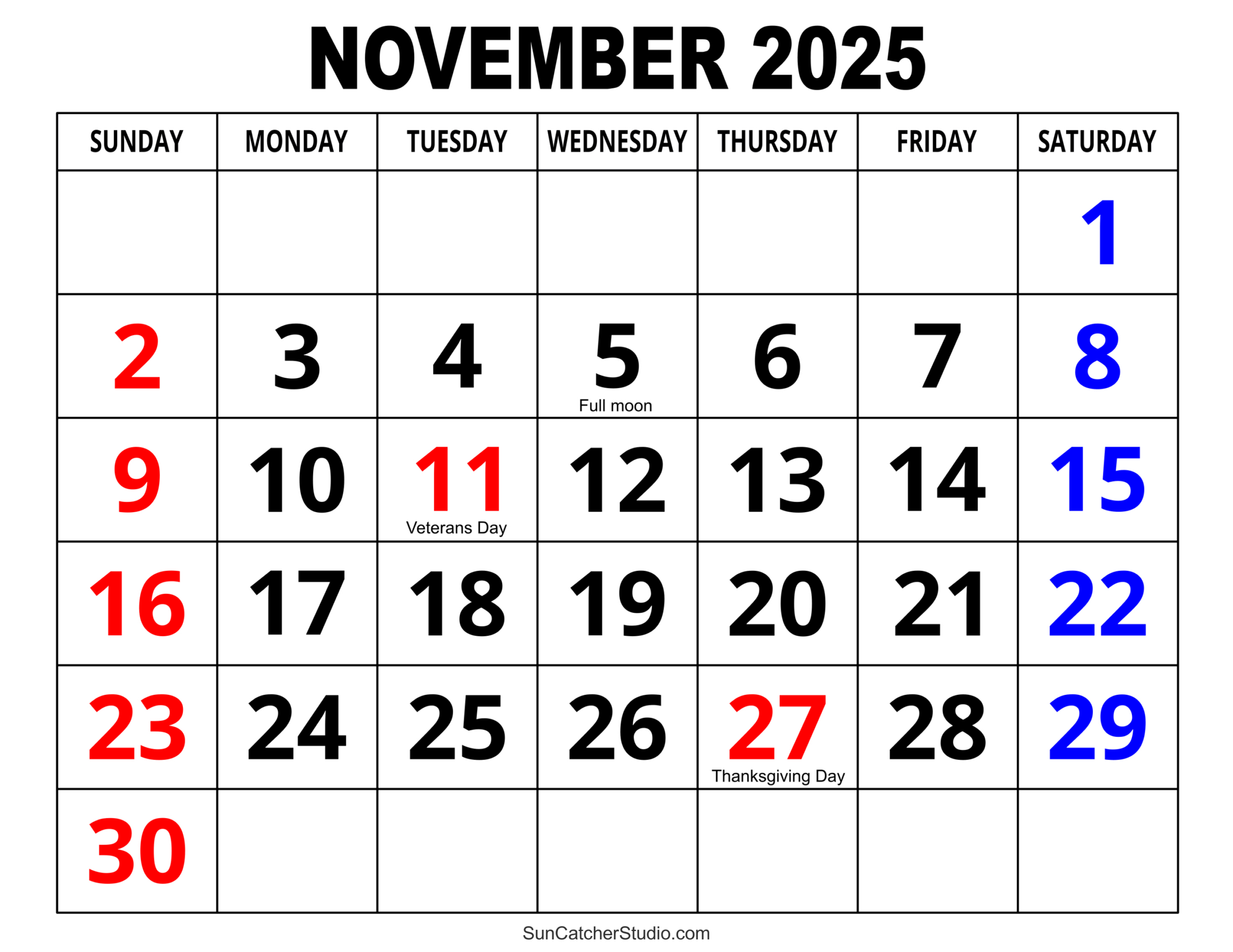 November 2025 Calendar (Free Printable) – Free Printables within Holiday November 2025 Calendar