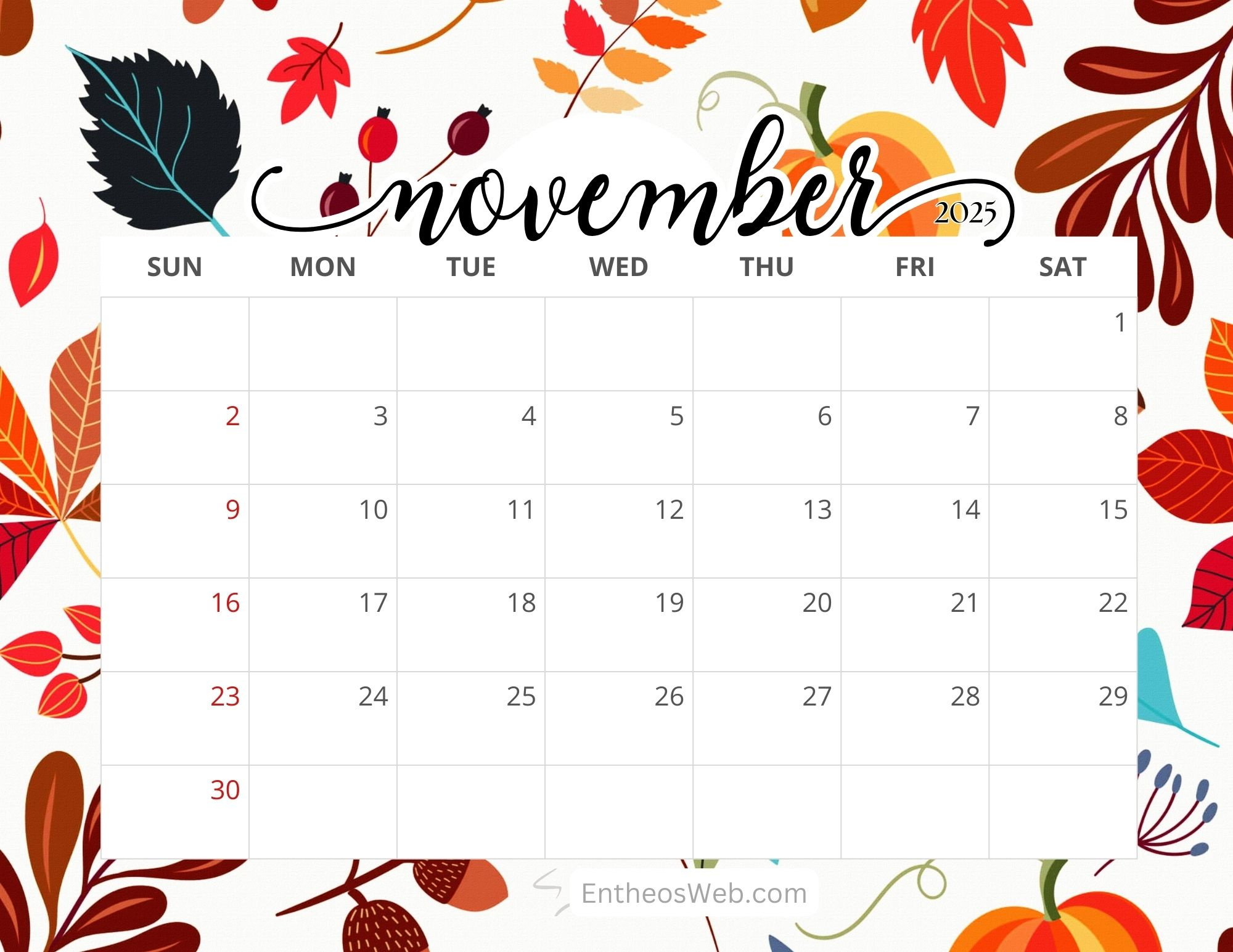 November 2025 Calendar Free Printables | Entheosweb intended for Monthly Calendar 2025 November