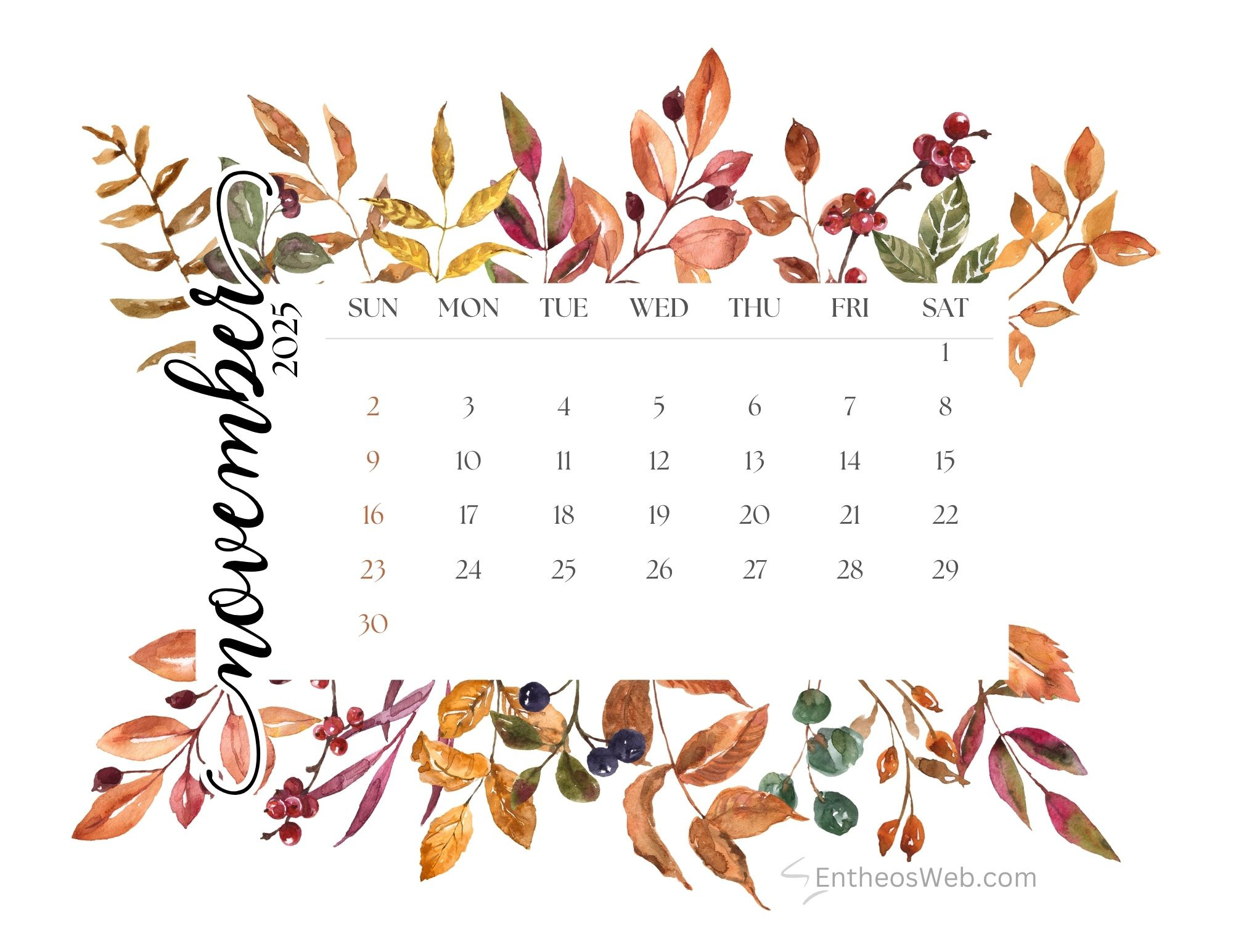 November 2025 Calendar Free Printables | Entheosweb pertaining to November 2025 Desktop Calendar