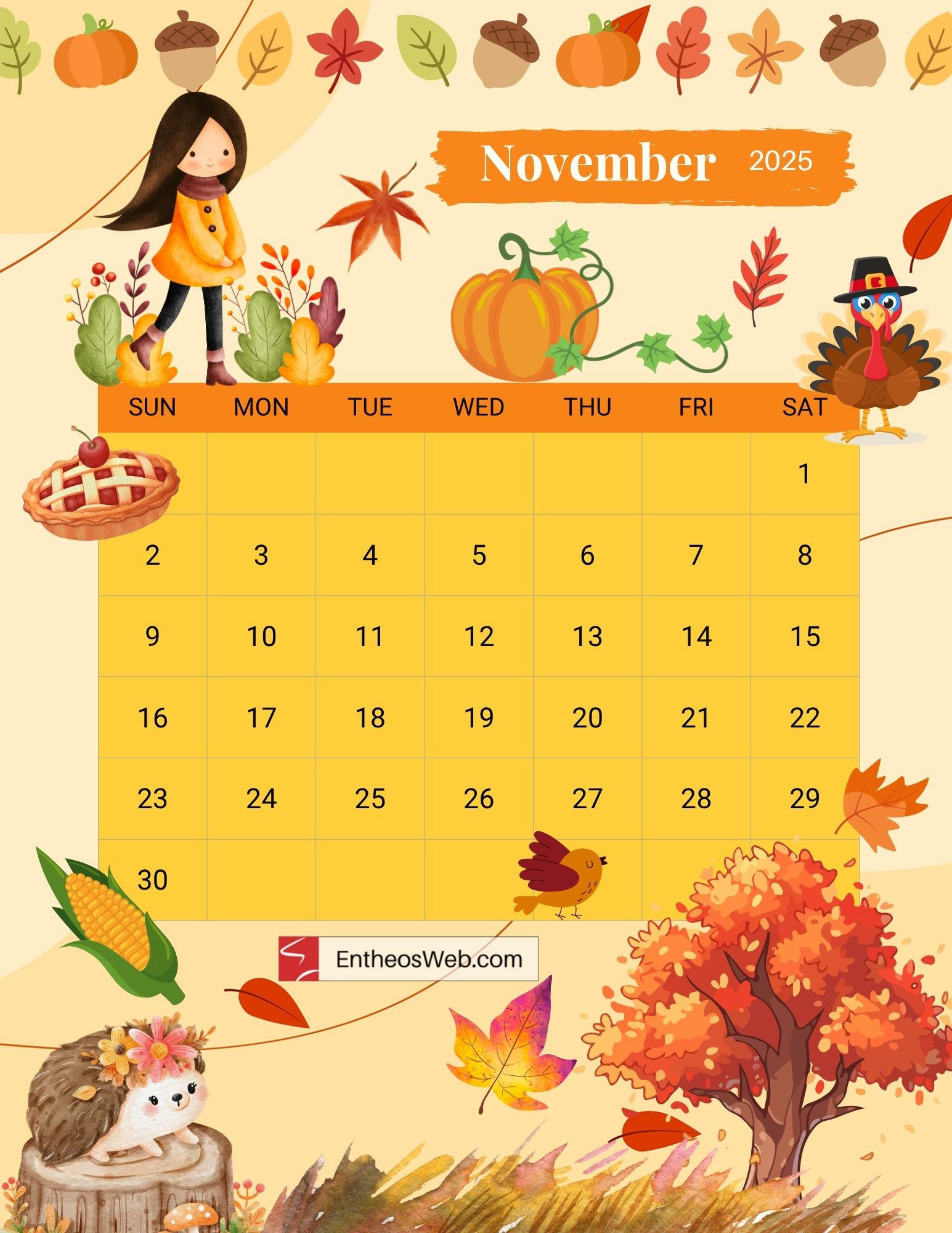 November 2025 Calendar Free Printables | Entheosweb throughout Calendar November 2025 Thanksgiving
