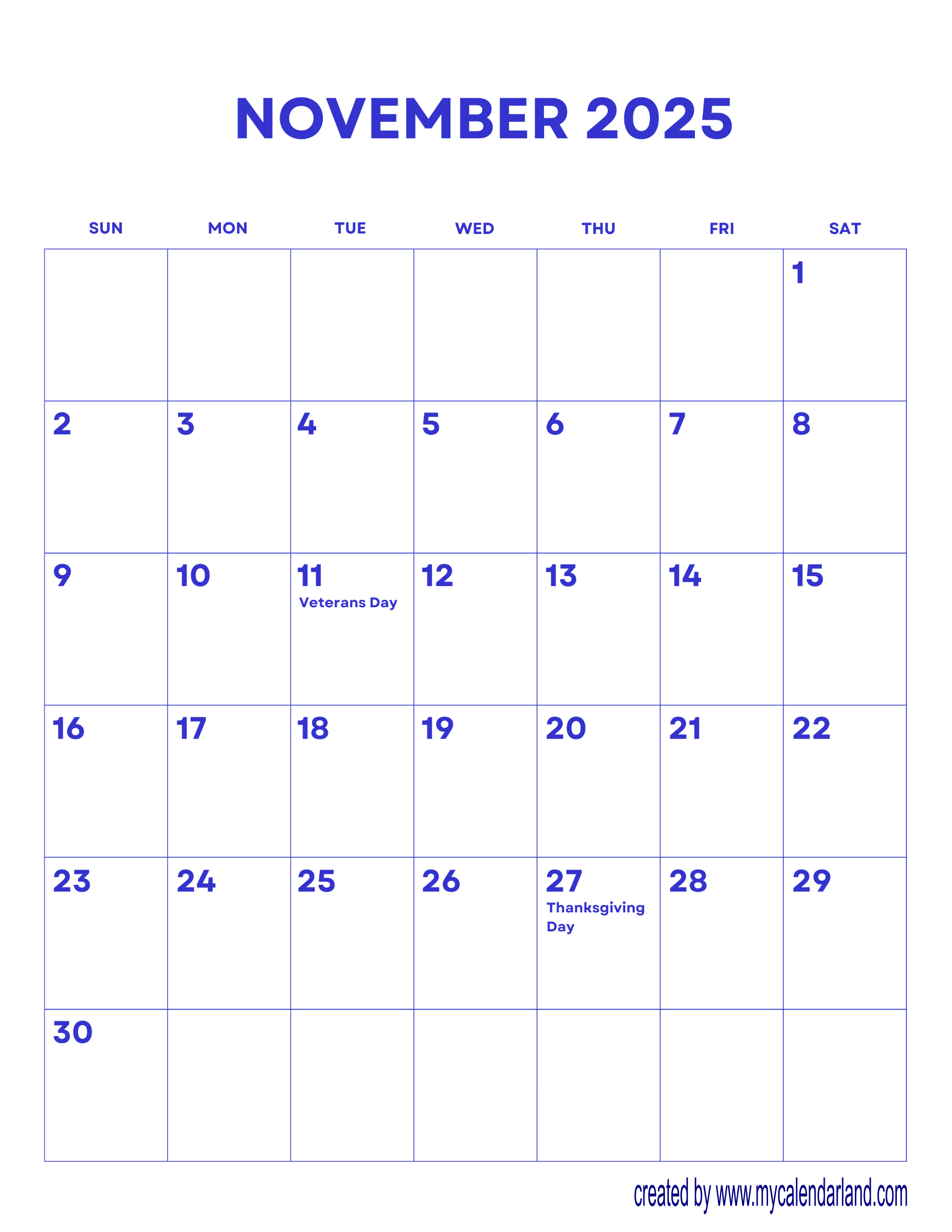November 2025 Calendar – My Calendar Land intended for How Much Days In November 2025 Calendar