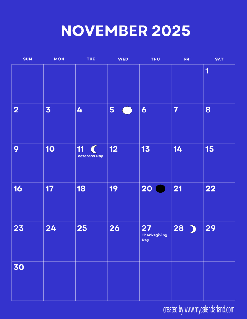 November 2025 Calendar – My Calendar Land regarding How Many Days In November 2025 Calendar