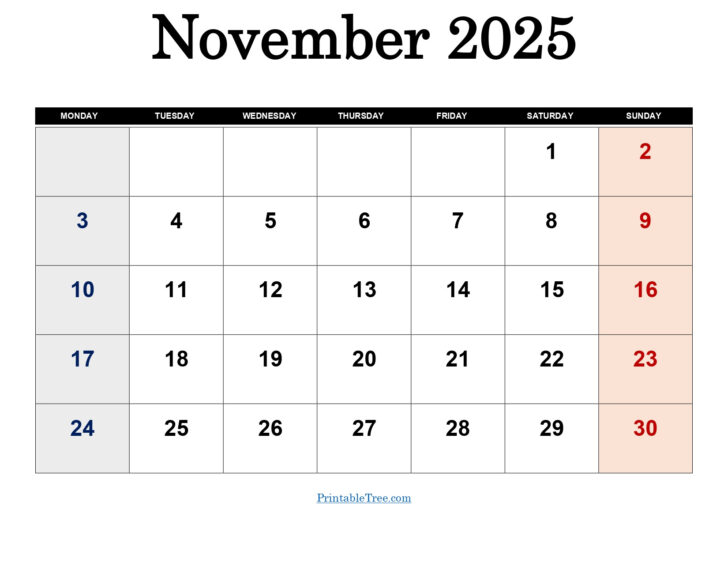 November Calendar 2025 Starting Monday