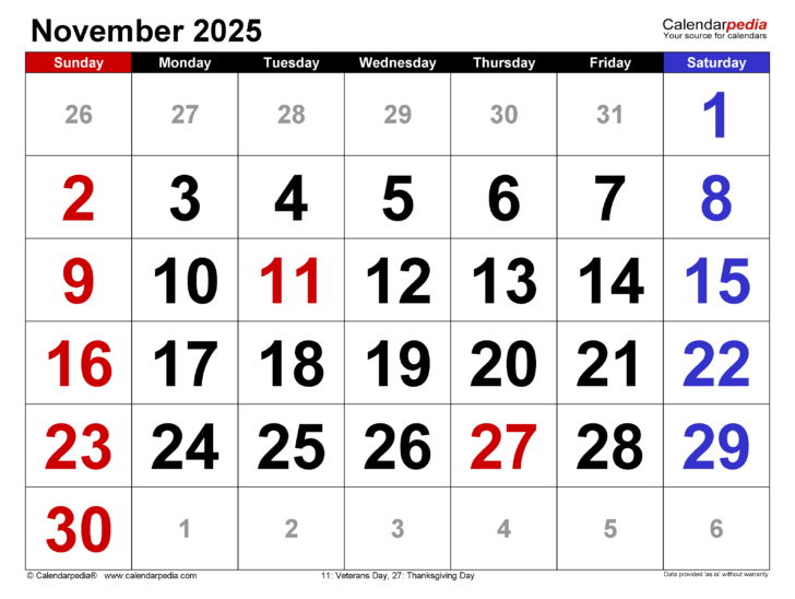 November 2025 Calendar with Holidays USA