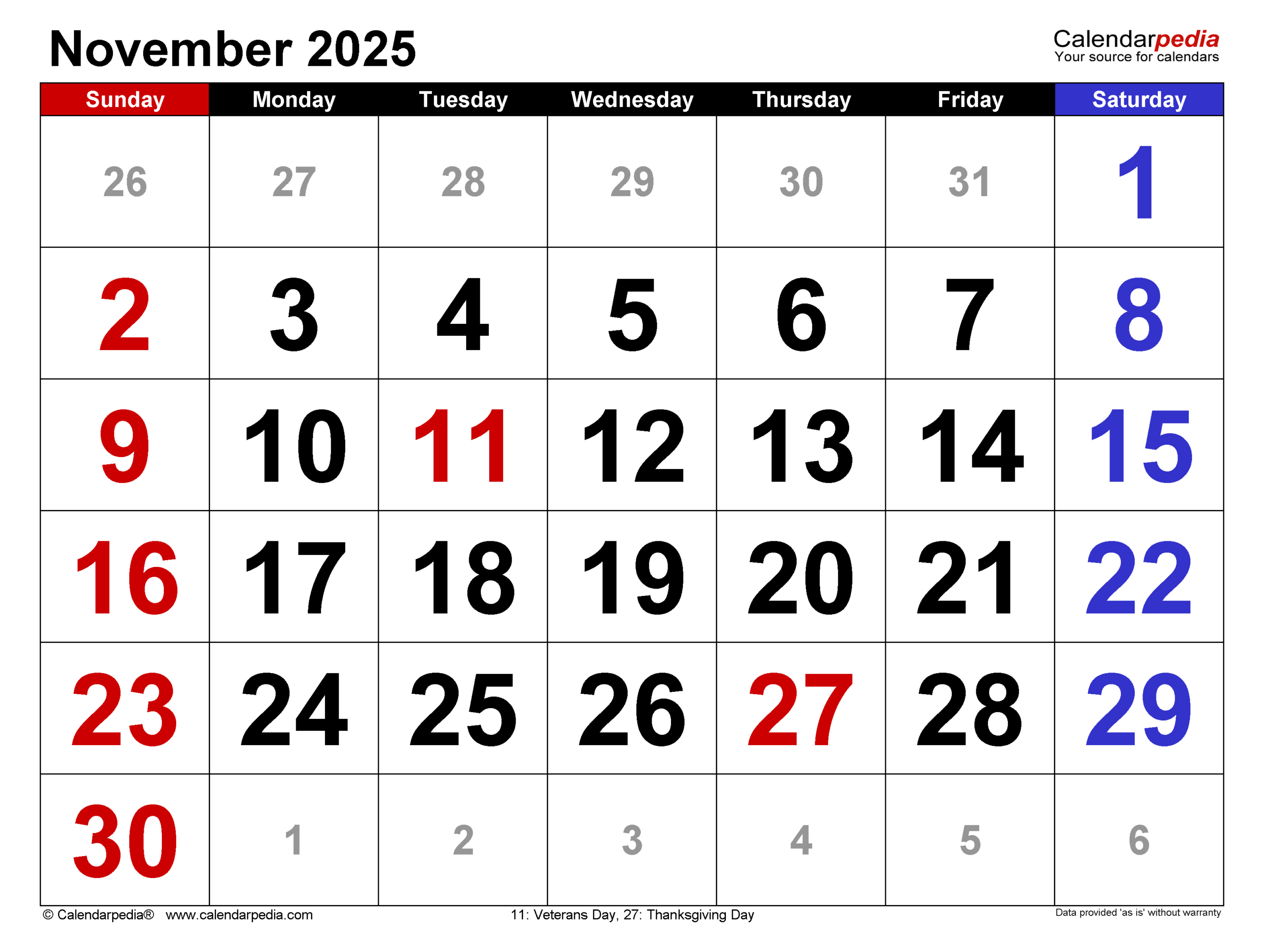 November 2025 Calendar | Templates For Pdf, Excel And Word for November 2025 Calendar With Holidays Usa