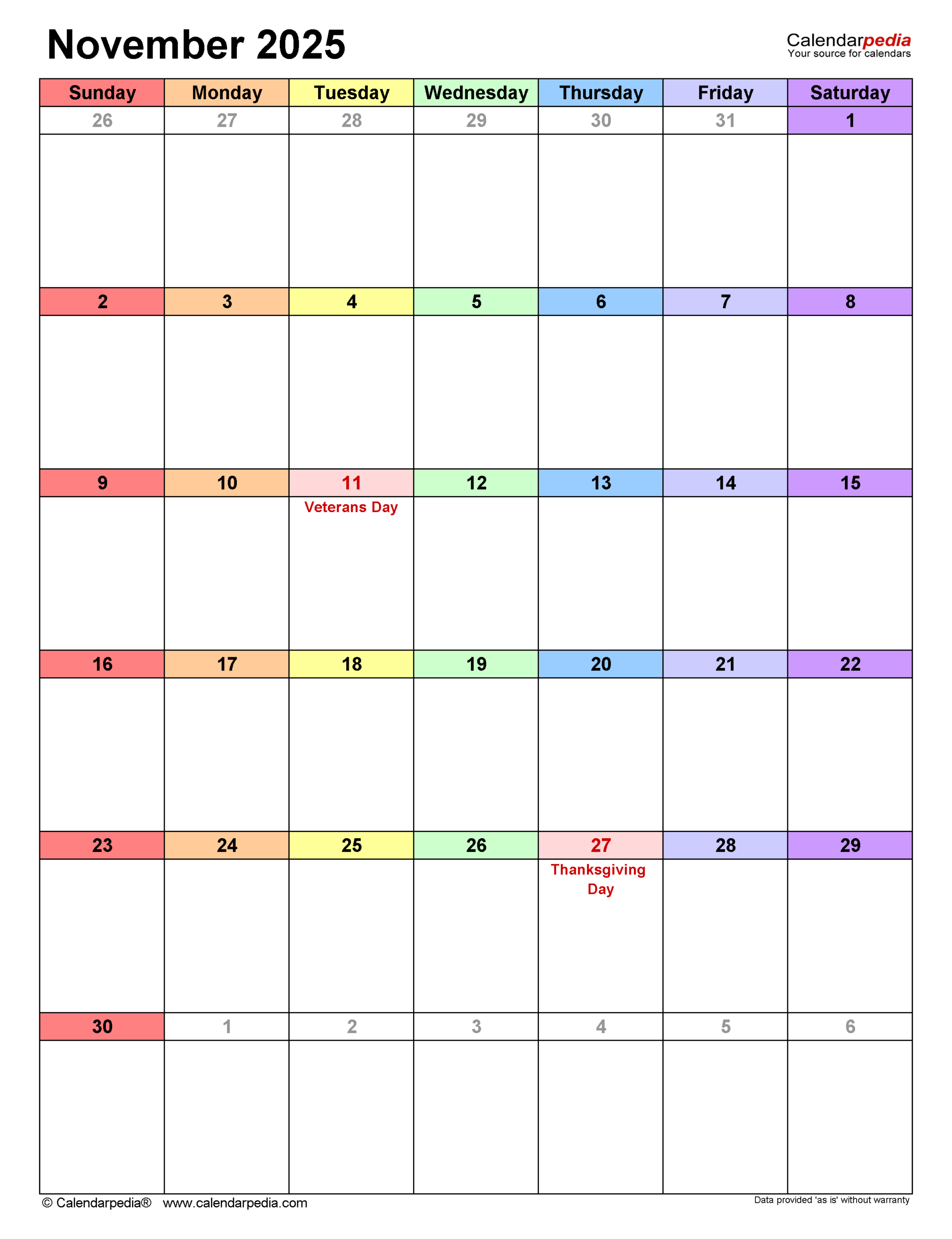 November 2025 Calendar | Templates For Pdf, Excel And Word throughout November 2025 Calendar Calendarpedia