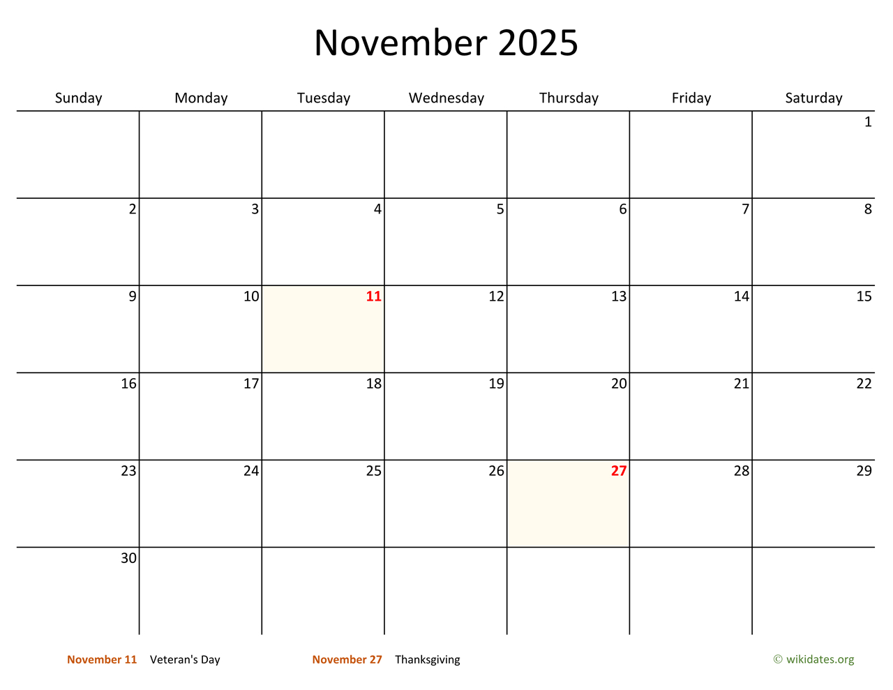 November 2025 Calendar With Bigger Boxes | Wikidates throughout Large Print November 2025 Calendar