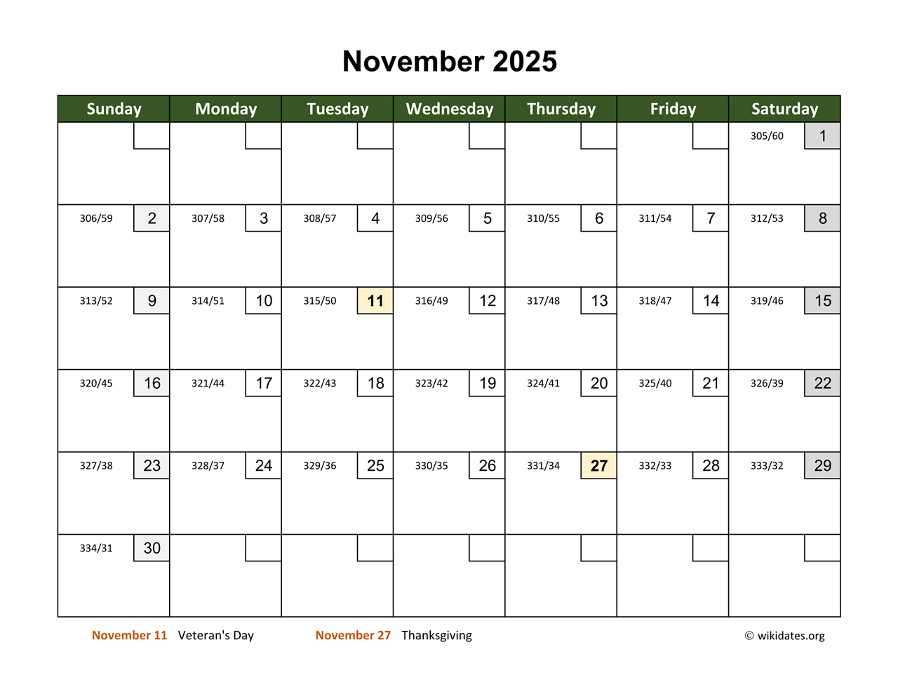 November 2025 Calendar With Day Numbers | Wikidates regarding November 2025 Calendar How Many Days