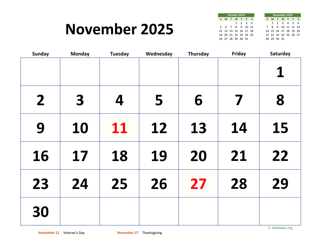 November 2025 Calendar With Extra-Large Dates | Wikidates regarding November Calendar 2025 Wiki