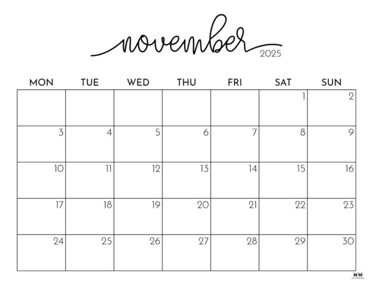 November 2025 Calendar Thanksgiving Printable