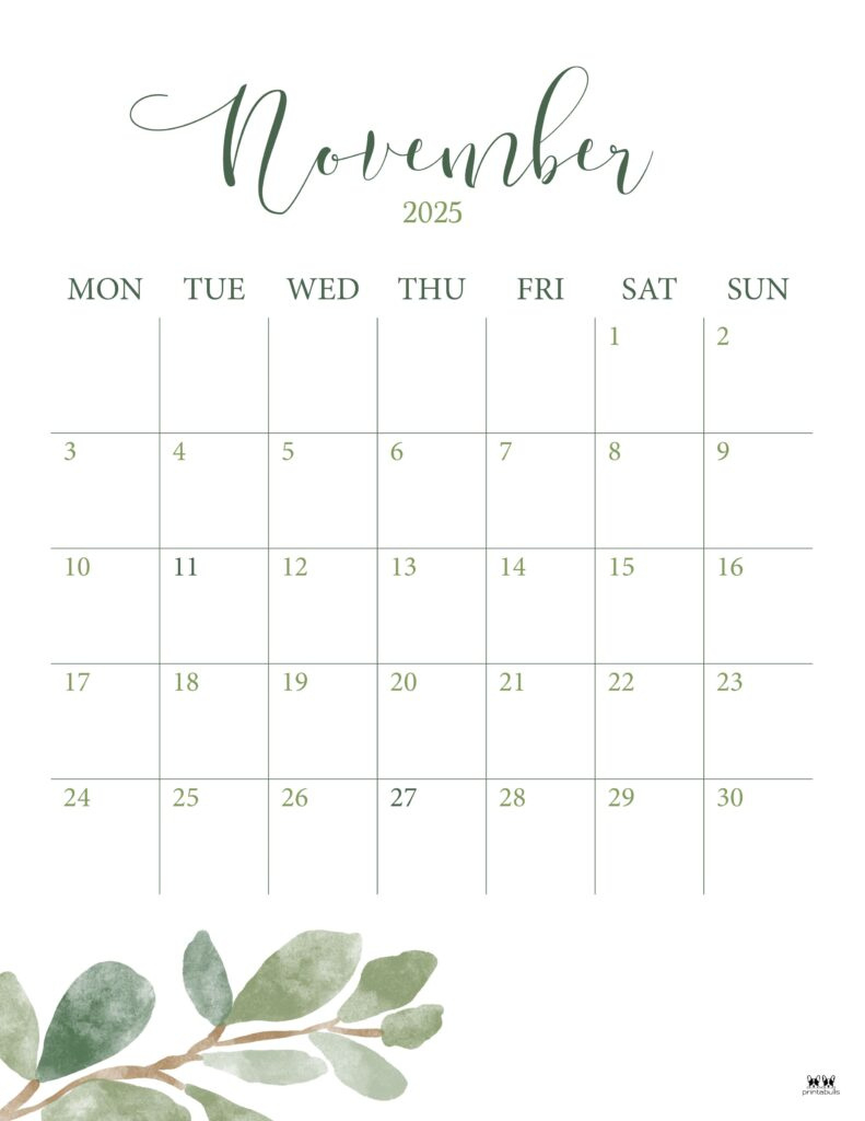 November 2025 Calendars - 107 Free Printables | Printabulls within November Calendar Page 2025