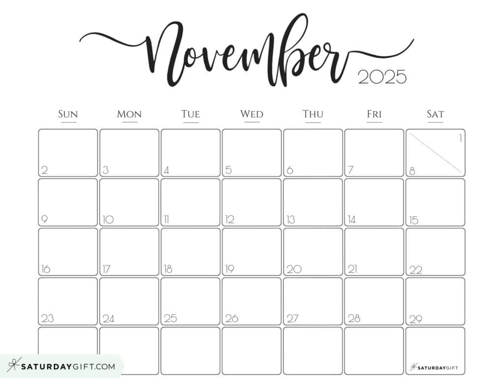 November 2025 Calendars - 23 Cute Free Printable Pdfs | Saturdaygift in November Calendar 2025 Sunday Start