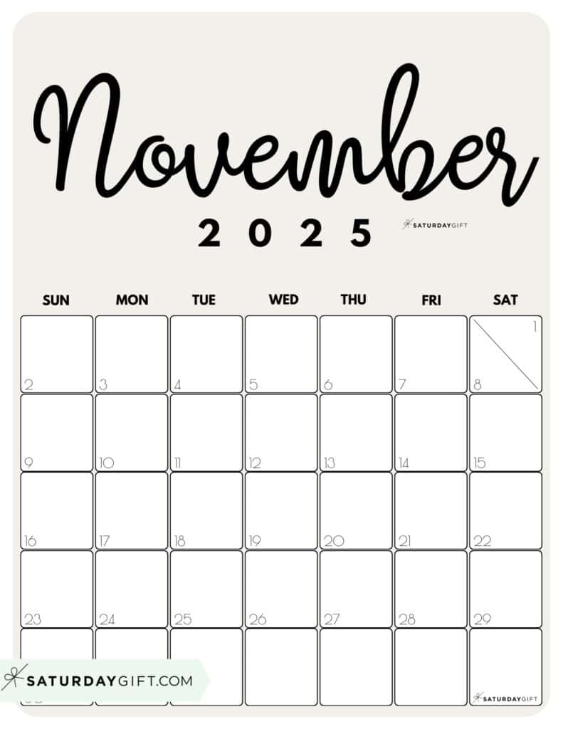 November 2025 Calendars - 23 Cute Free Printable Pdfs | Saturdaygift intended for Vertical November 2025 Calendar