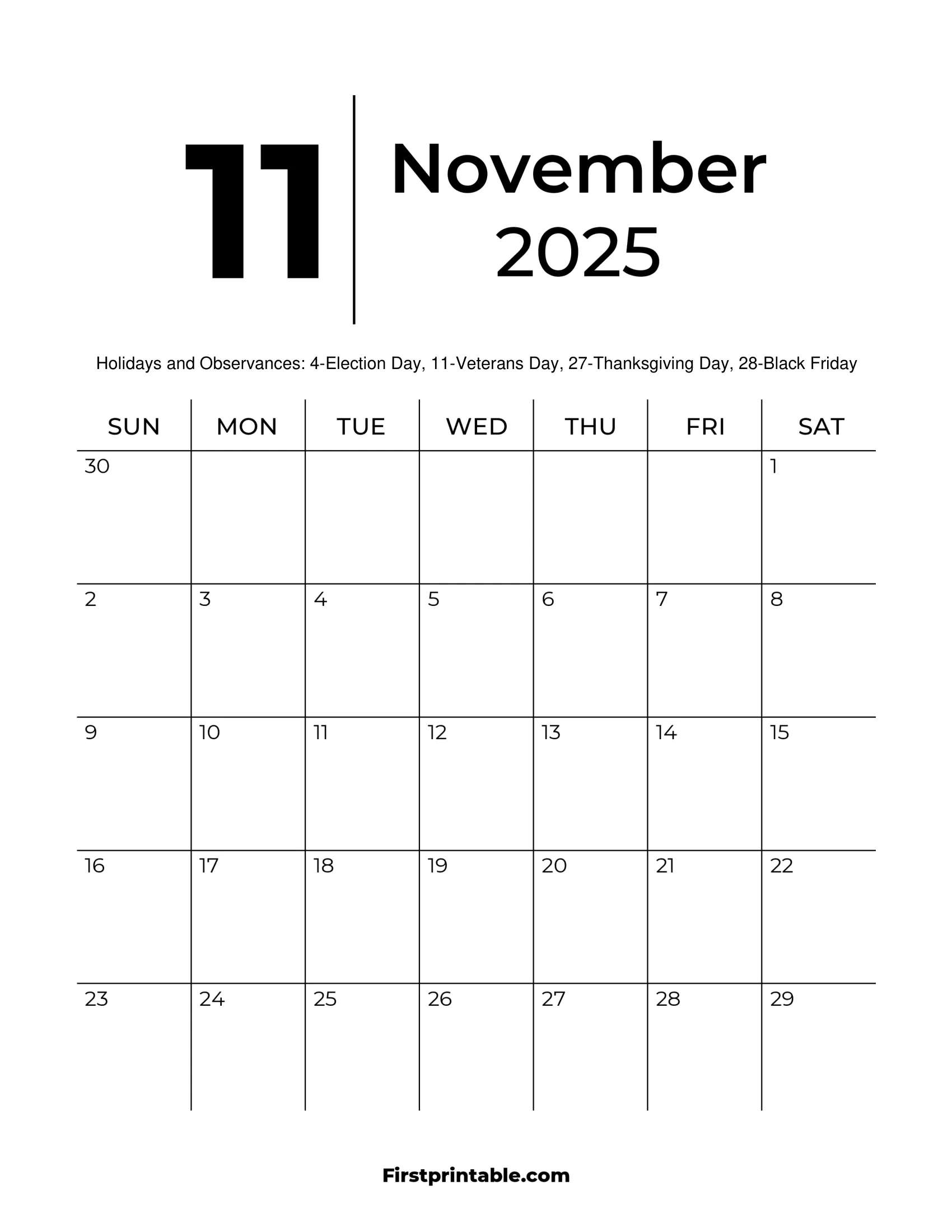 November 2025 Calendars - Free Printable &amp;amp; Fillable for November 2025 Calendar Printable 8x11