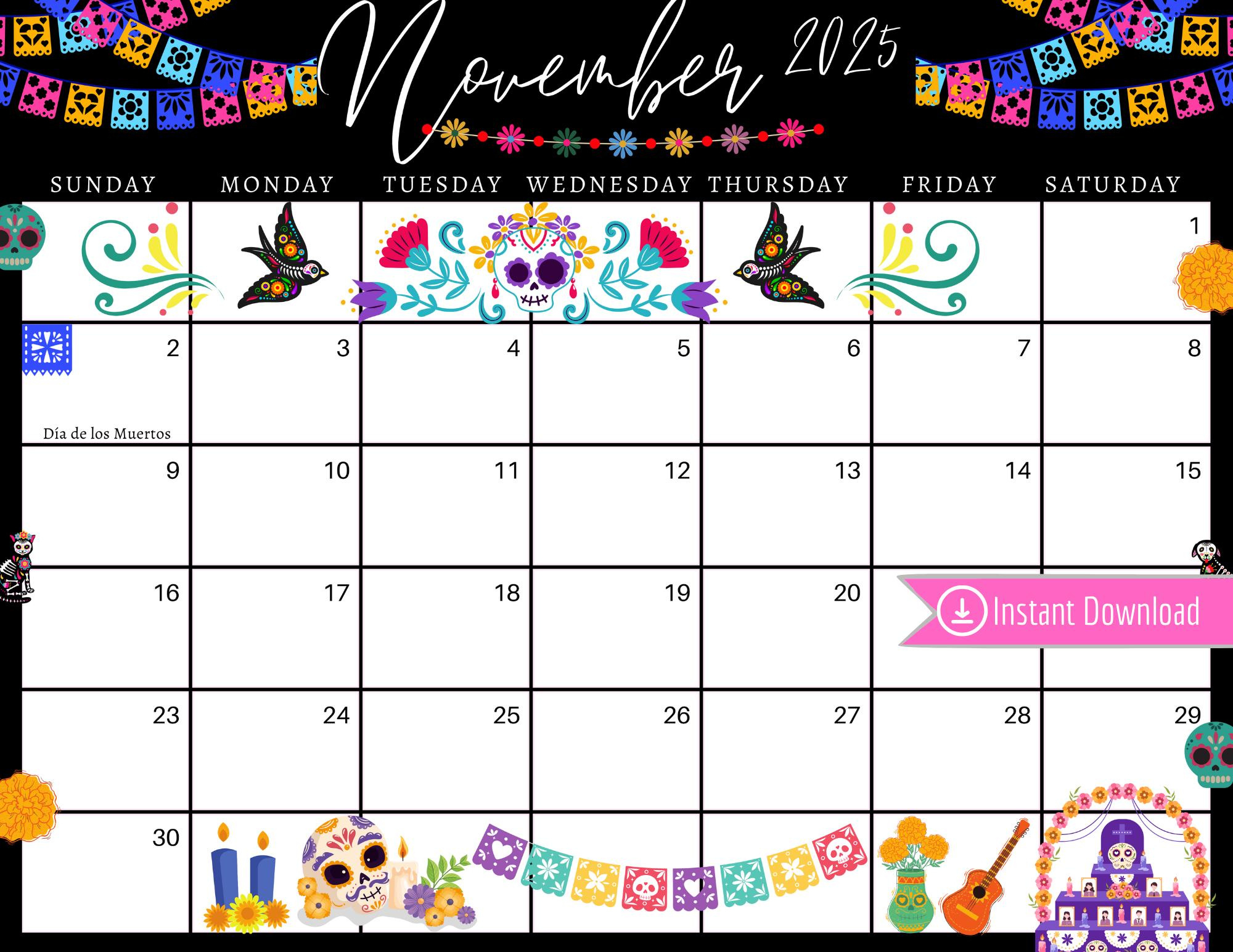 November 2025 Dia De Los Muertos Calendar: Editable Printable (Pdf with Barbie Calendar November 2025