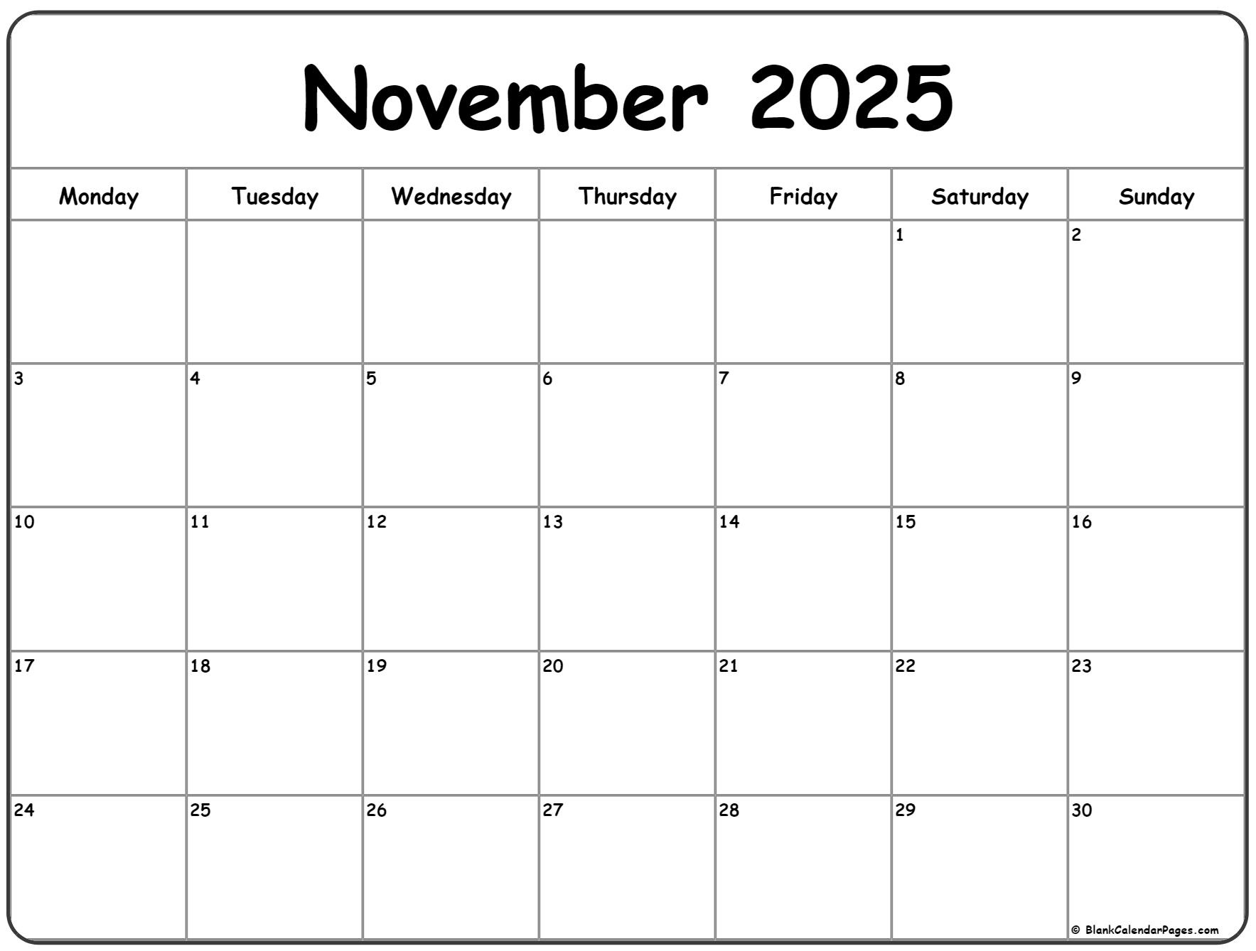 November 2025 Monday Calendar | Monday To Sunday pertaining to Daily Sheet Calendar November 2025